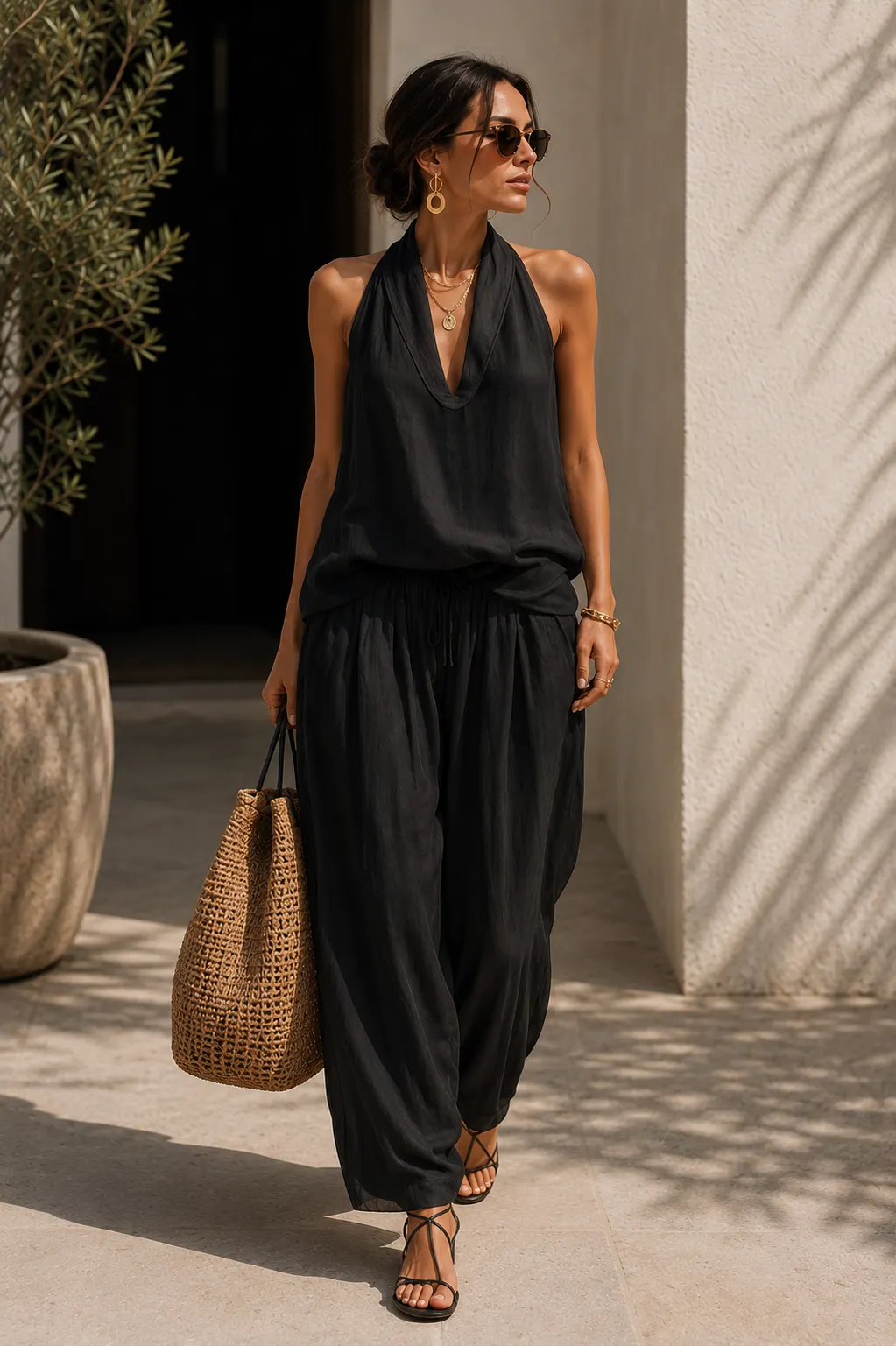 Open-Back Draped Halter Top & Relaxed Wide Leg Pants Set