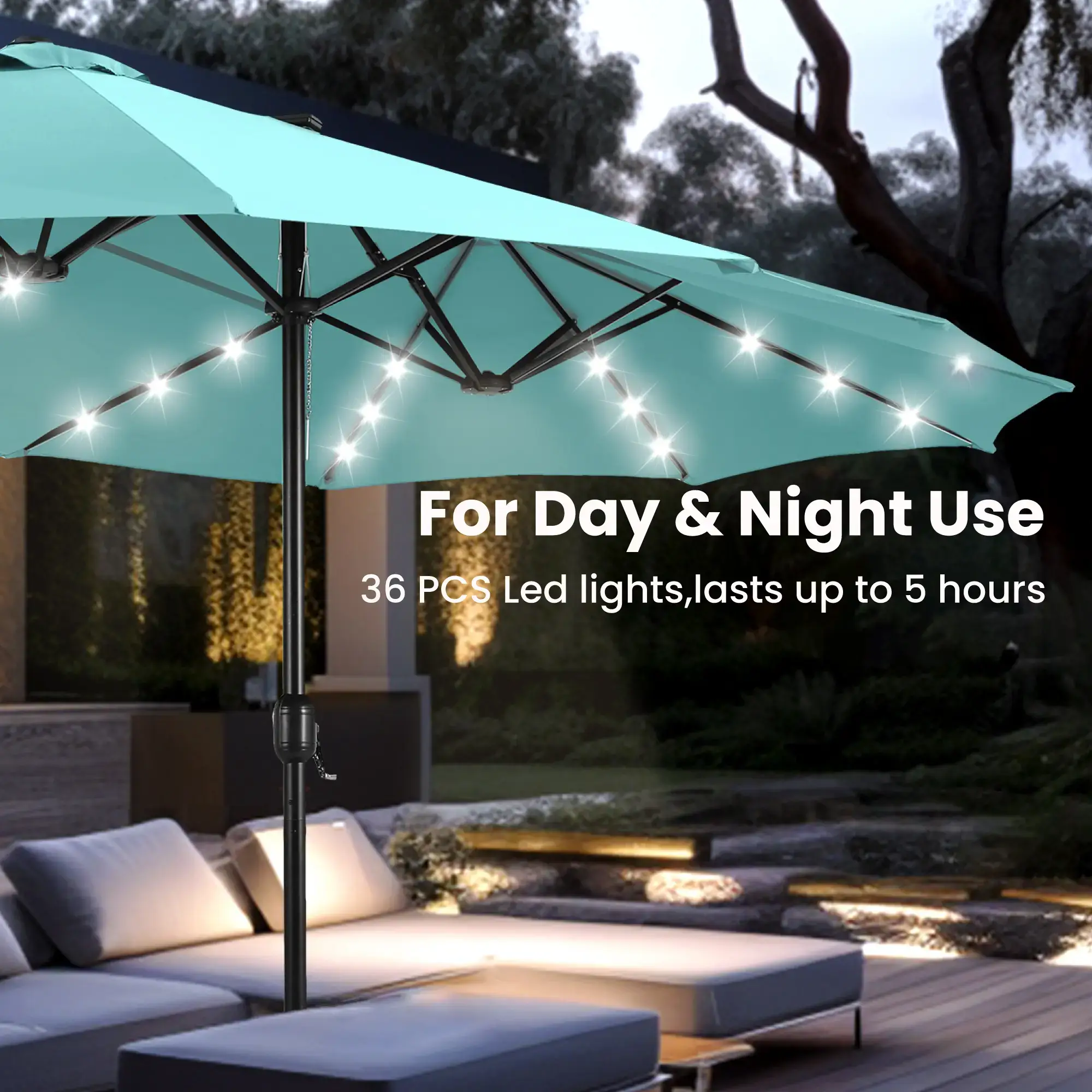 15ft Large Outdoor Patio Umbrella with Base – LED Light Option, Double-Sided, Crank Handle, Waterproof，Comes with Weighted Base and Sandbag, Accommodates 10 People, Great for Poolside, Garden, Lawn, Backyard, Deck and Beach