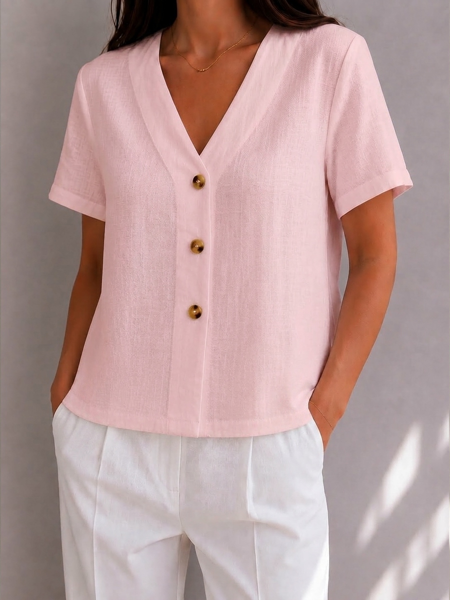Button Detail V-Neck Linen Blend Blouse