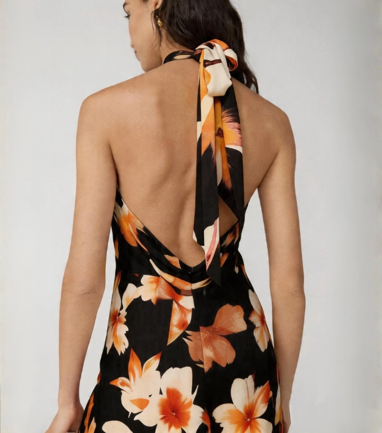 Orange Floral Print Halter Neck Maxi Dress