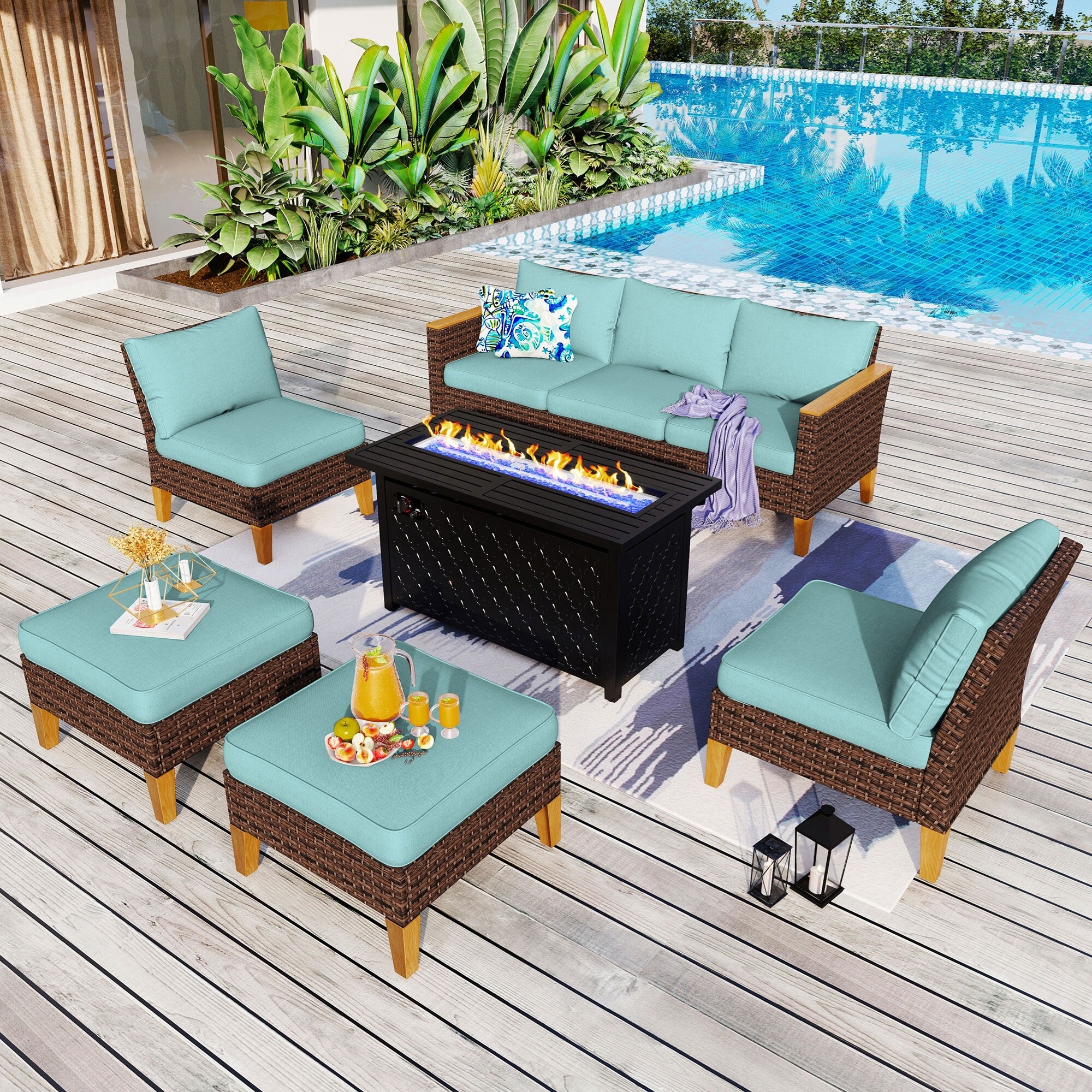 8-Piece Patio Outdoor Wicker Sectional Sofa Set, Large Seating Furniture Conversation Sets with Fire Pit Table