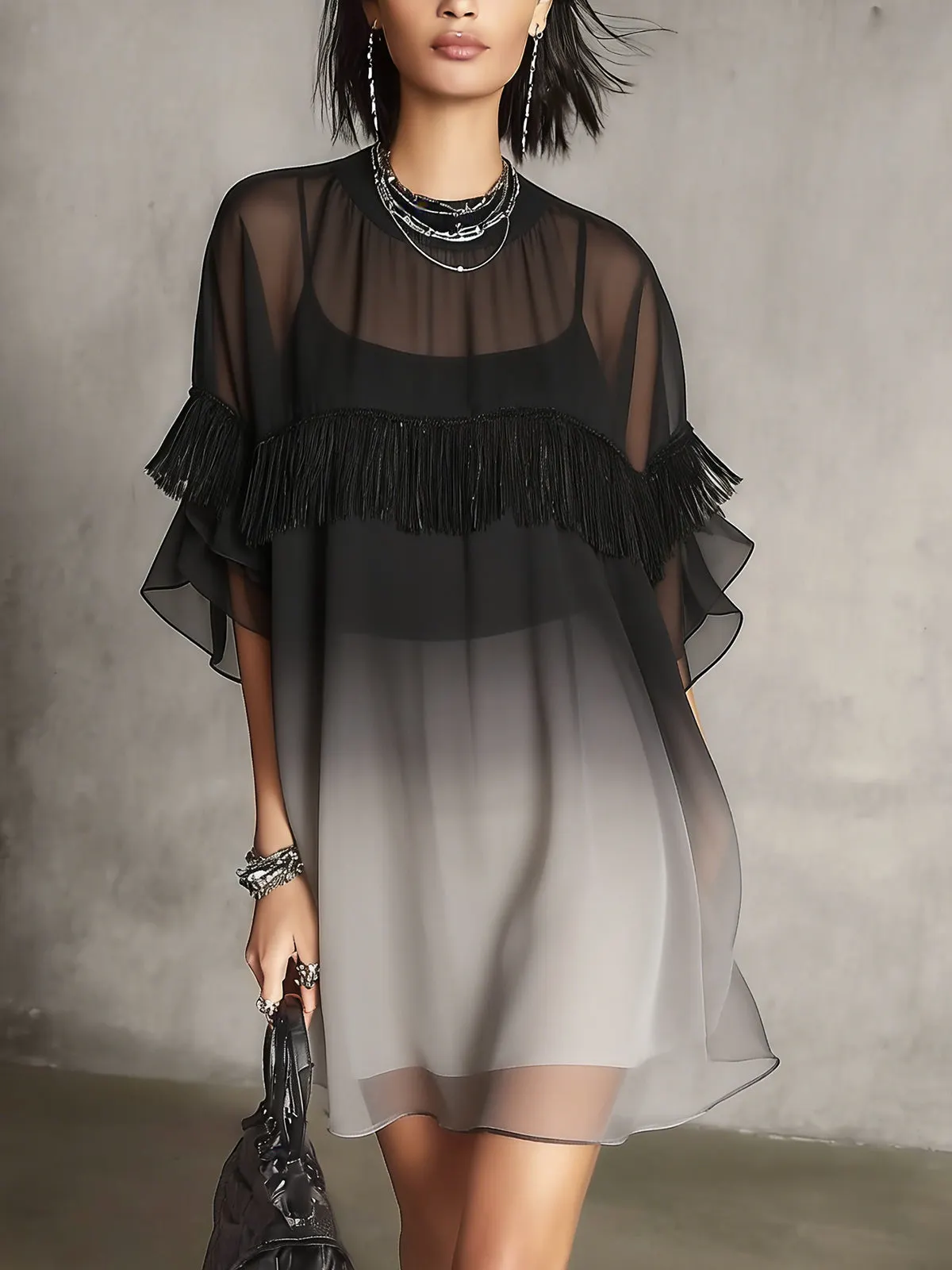Black Ombre Sheer Fringe Detail Floaty Mini Dress