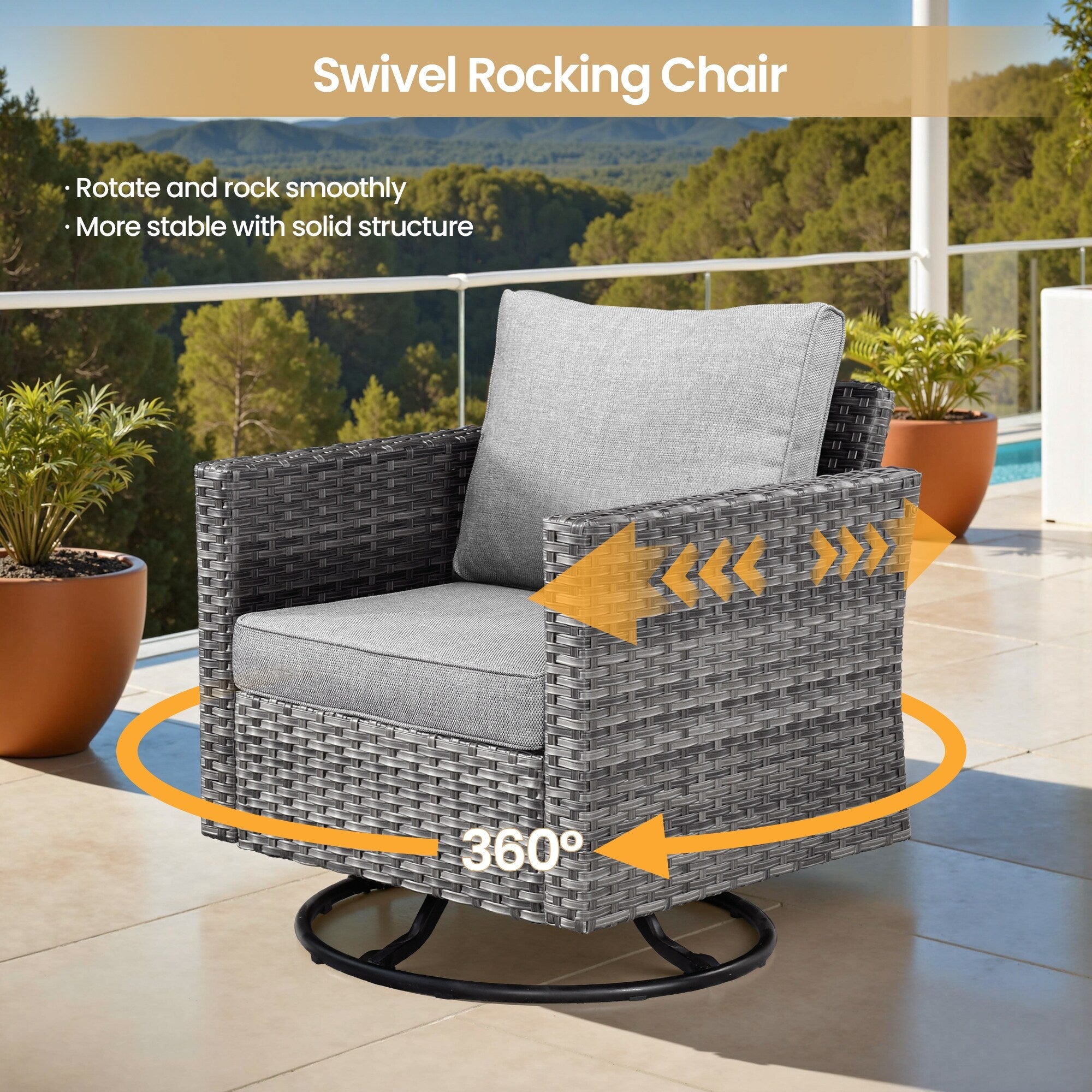 XIZZI 9 Pieces Patio Wicker Furniture Swivel Rocker with Firepit Table