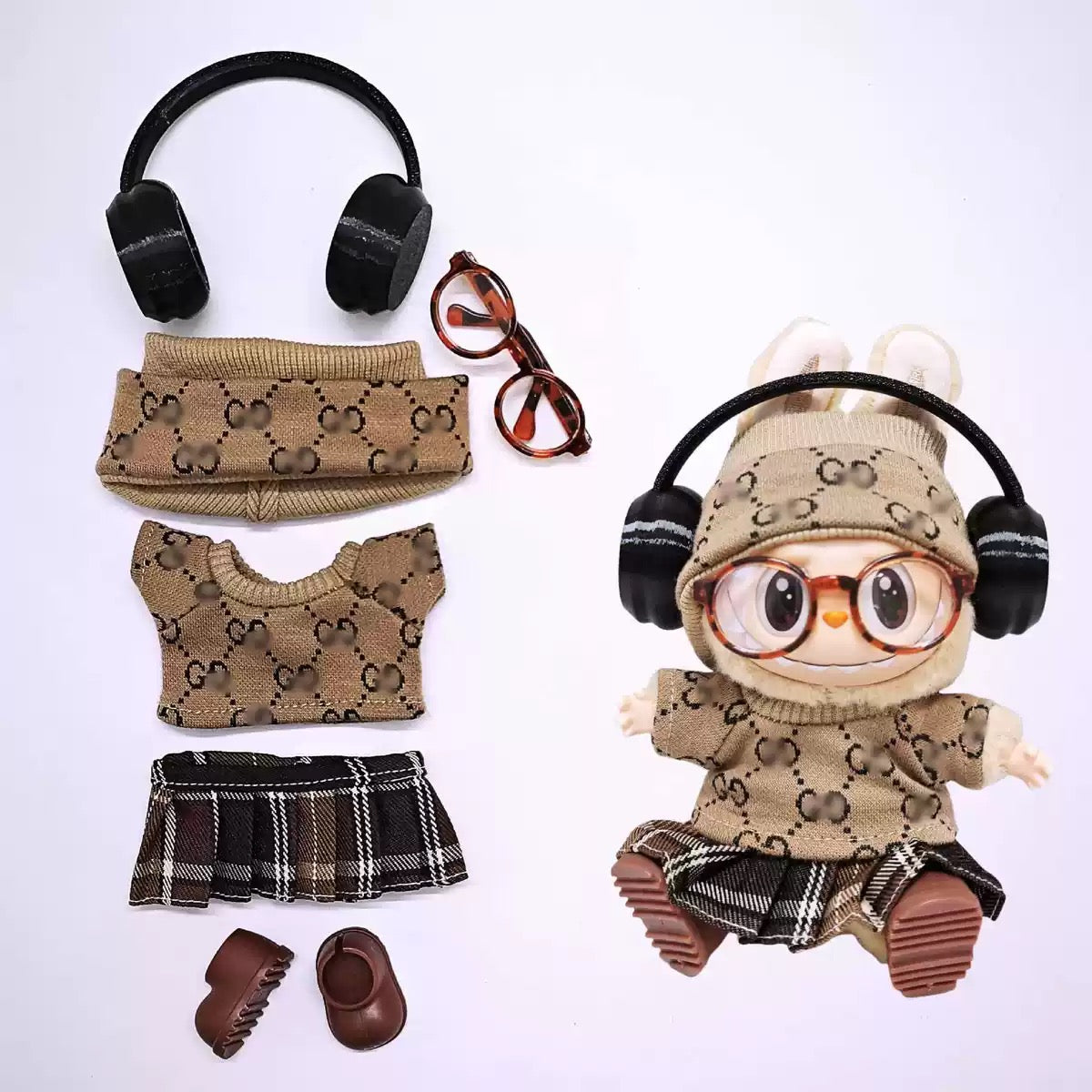 Headphone Set 17cm Labubu Clothes Set(NO DOLL)  Accessories Suit Cute Clothes for Labubu Dress up Unique Style