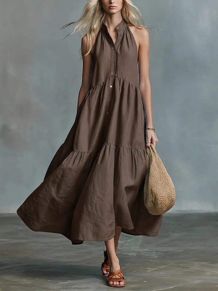Sleeveless Casual Loose Linen Button Vest Dress