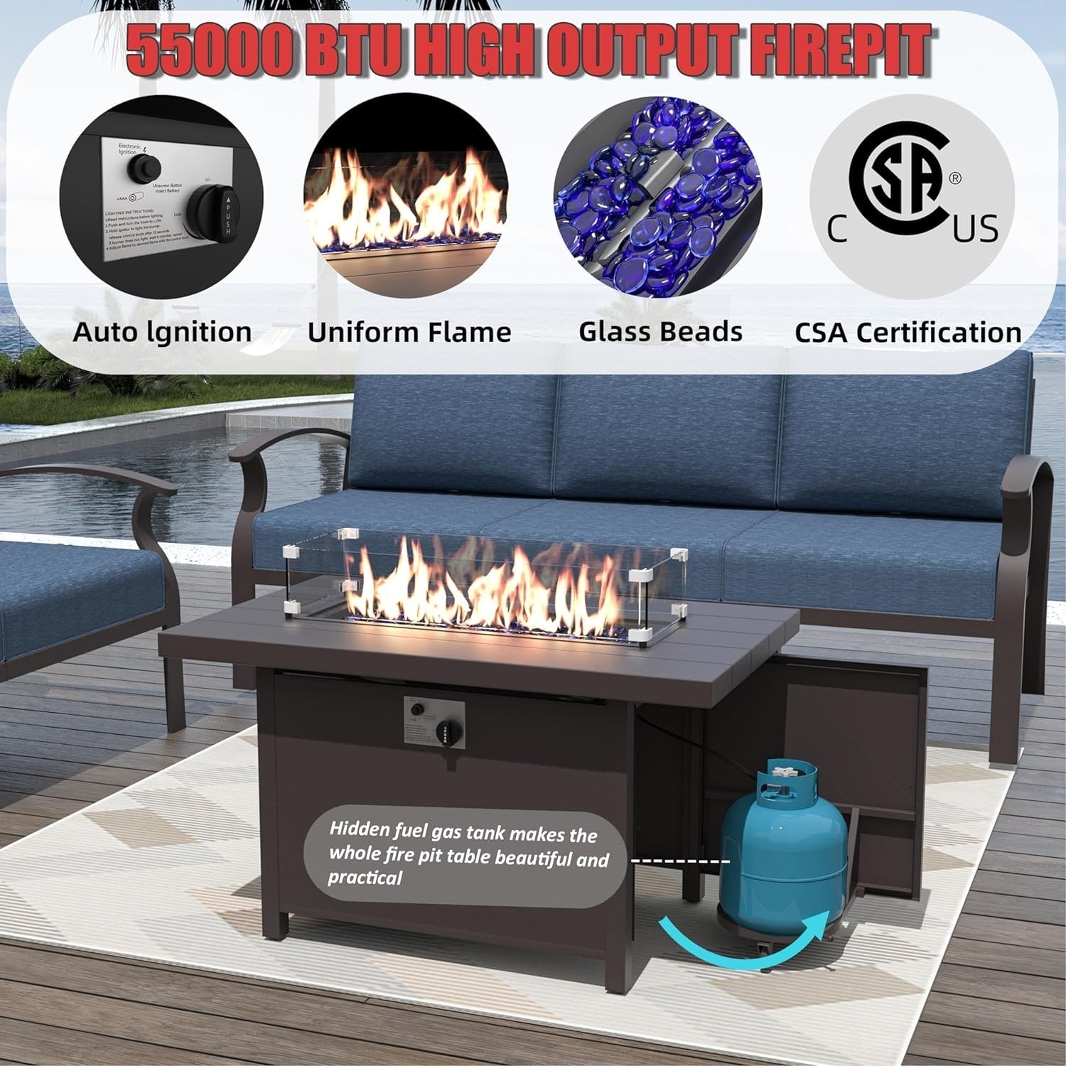 Kullavik Aluminum Outdoor Patio Furniture with Curved Armrests & Firepit Table