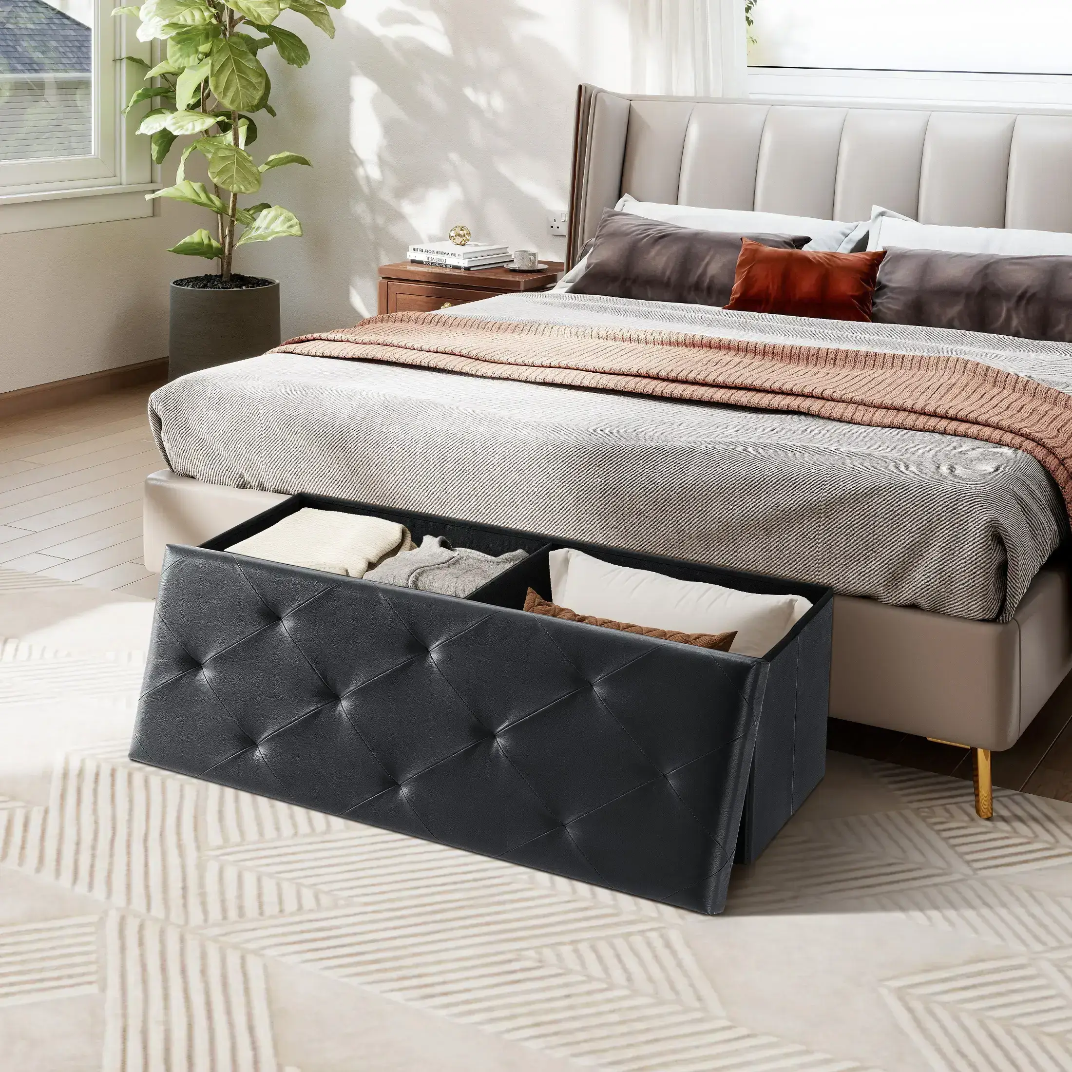 Folding Storage Ottoman Bench Modern Linen Fabric Padded Seat Large Toy Box End of Bed Entryway Comfortable Durable Multifunctional Seater