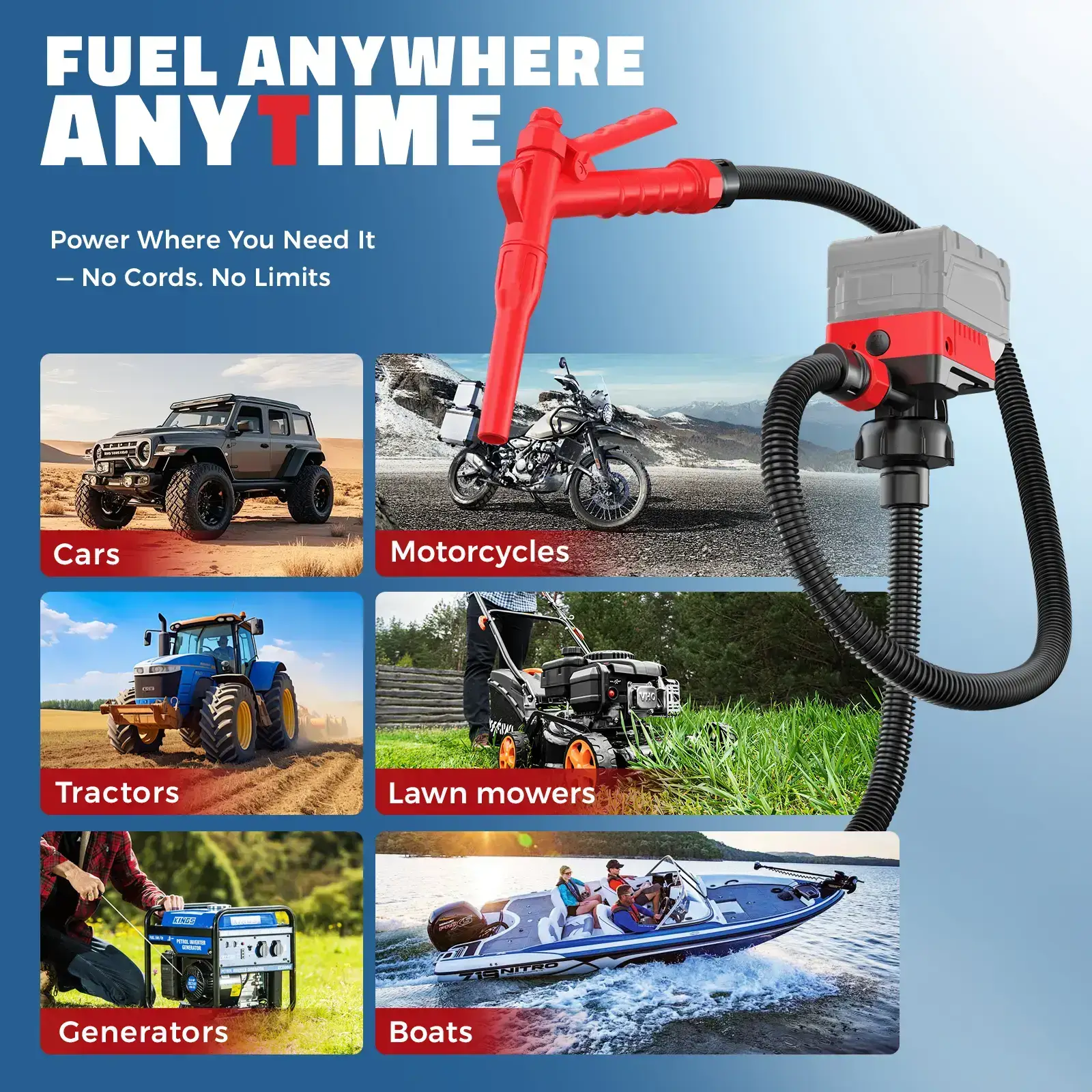 5 GPM Cordless Fuel Transfer Pump, Portable Drum Pump with 51-Inch Hose and 5 Adapters, Suitable for Diesel and Gasoline