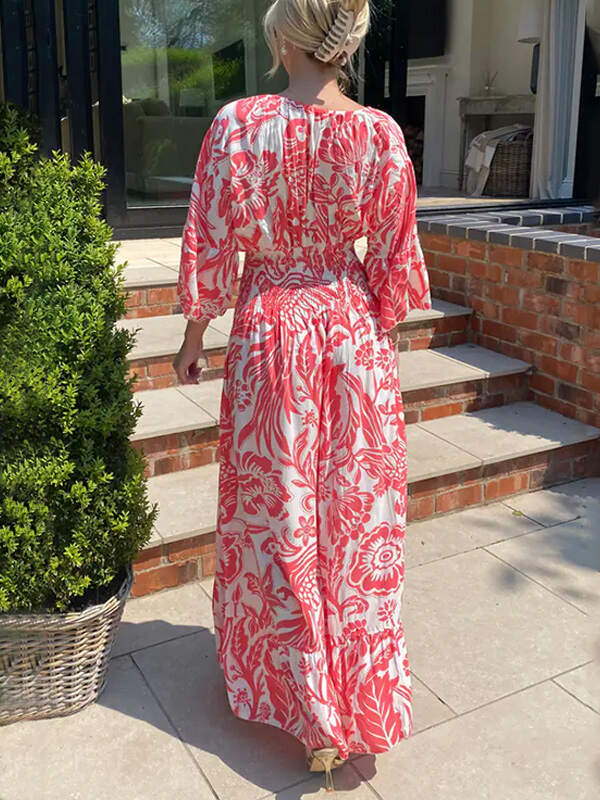 NEW🔥 V Neck Elastic Waist Printed Dress