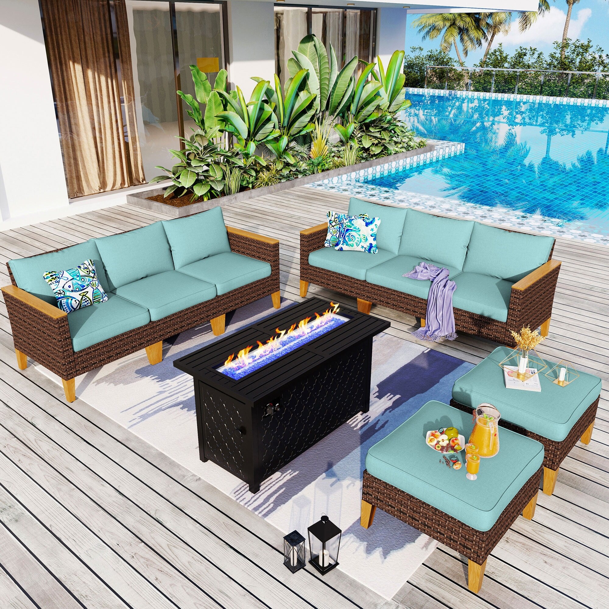8-Piece Patio Outdoor Wicker Sectional Sofa Set, Large Seating Furniture Conversation Sets with Fire Pit Table