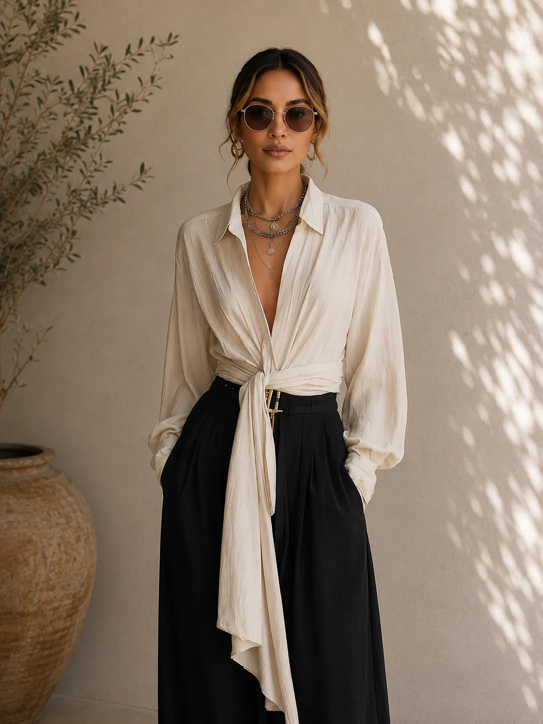Twist Front Shirt & Wide Leg Pants Set