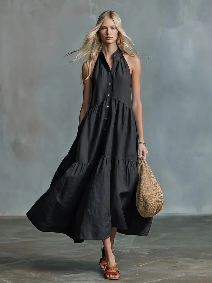 Sleeveless Casual Loose Linen Button Vest Dress