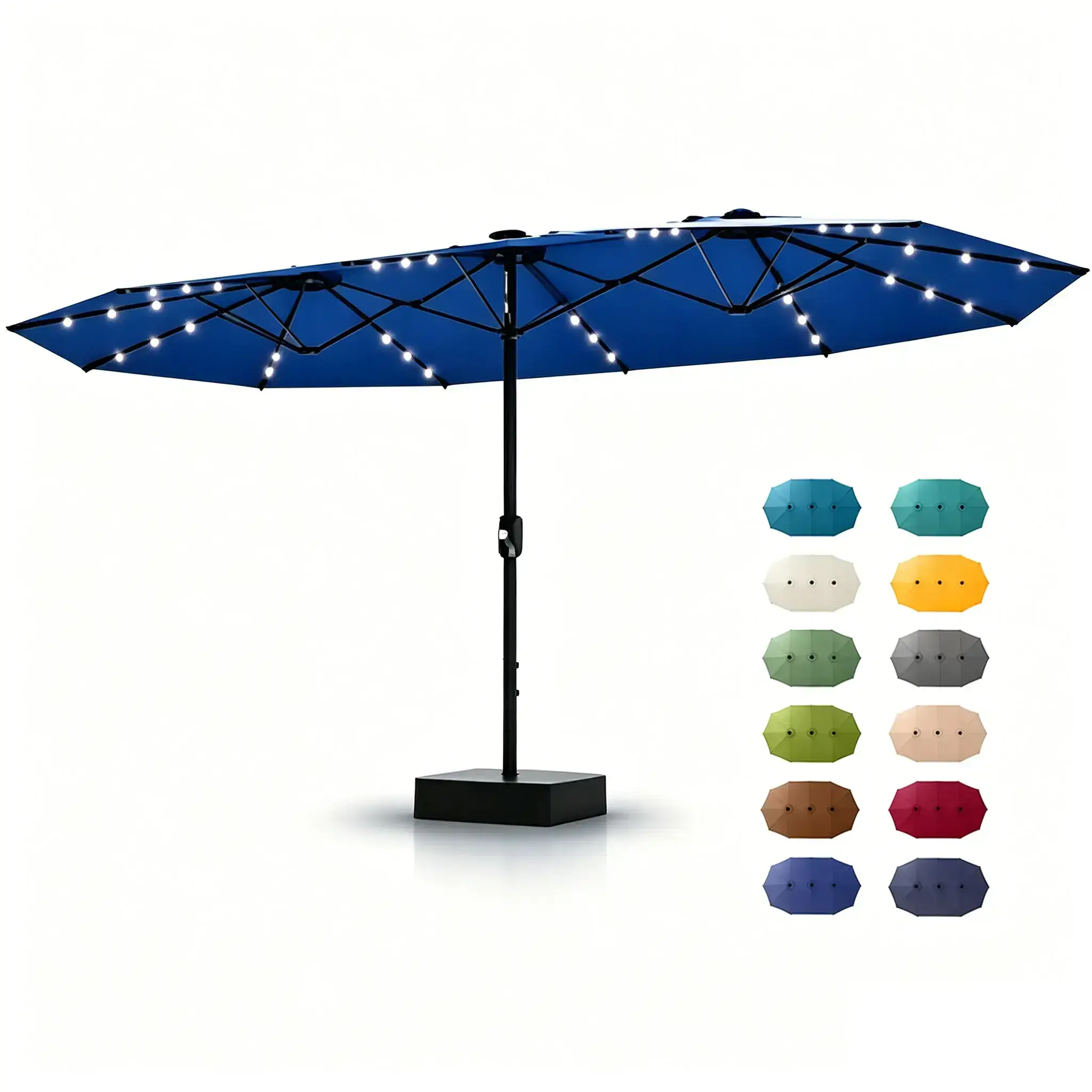 15ft Large Outdoor Patio Umbrella with Base – LED Light Option, Double-Sided, Crank Handle, Waterproof, Comes with Weighted Base and Sandbag, Accommodates 10 People
