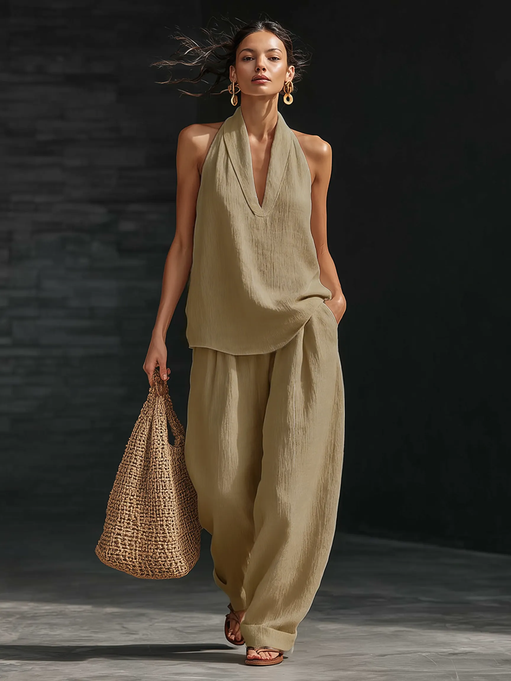 Casual Urban Style White Linen V-neck Sleeveless Top And Wide Leg Pants Set