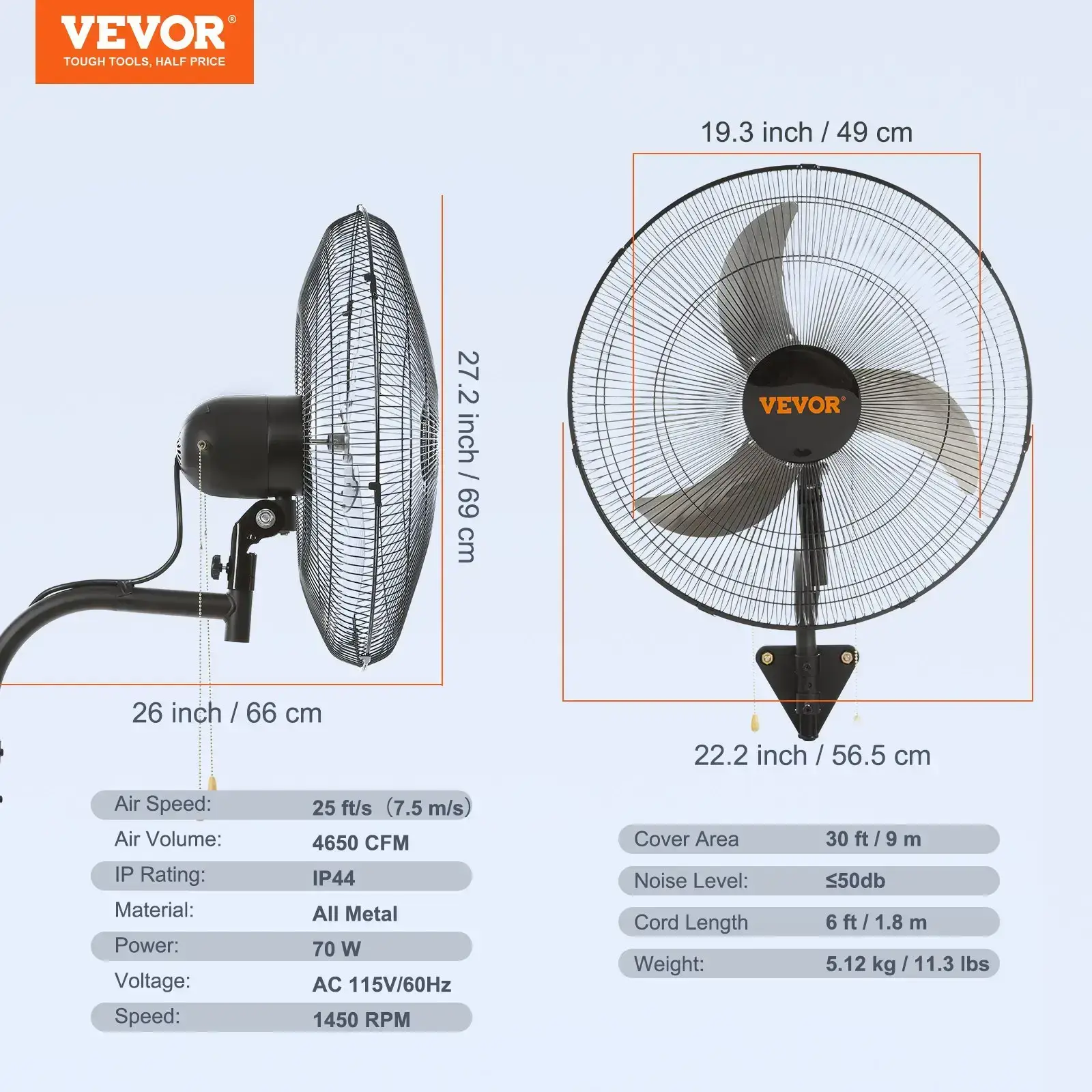20 Inch Oscillating Wall Mount Fan - High Velocity, 4650 CFM