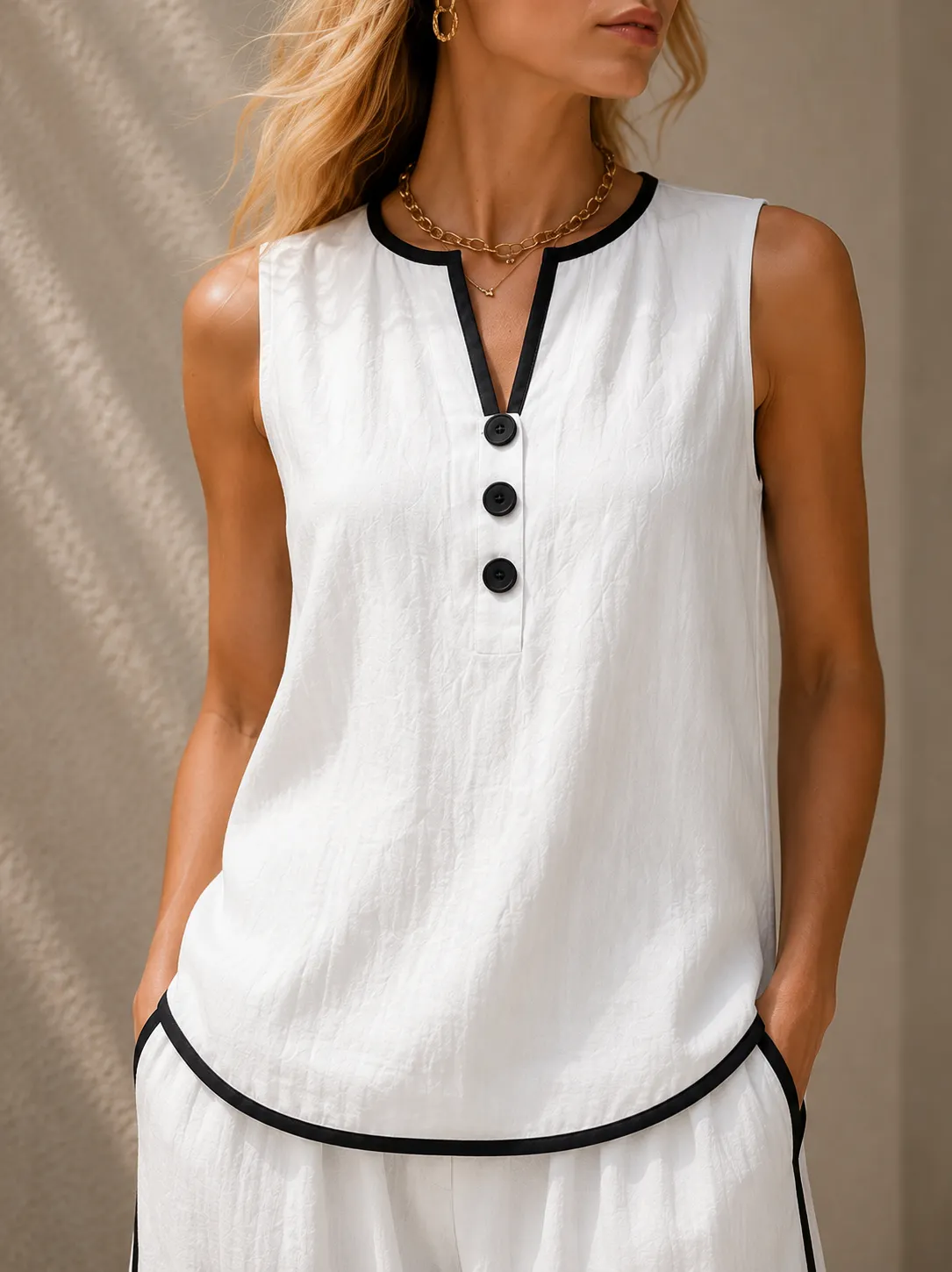 Loose-fitting Cotton-linen Color-blocked Sleeveless Top And Pants Set