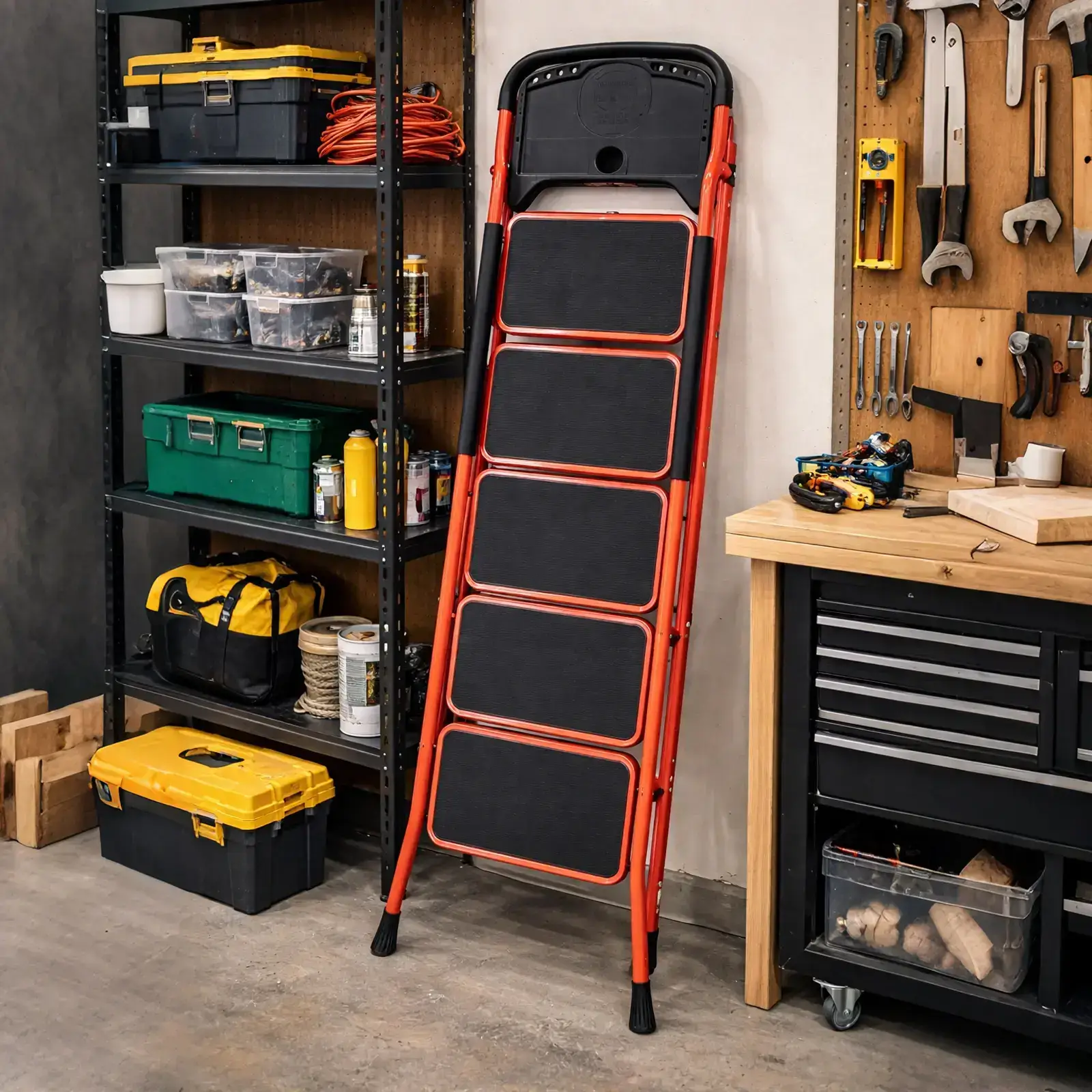 Sturdy Portable 5-Step Ladder, 800 LBS Capacity, Foldable with Handrail & Tool Tray, Ideal for Kitchen & DIY Projects, Sturdy Portable Ladder