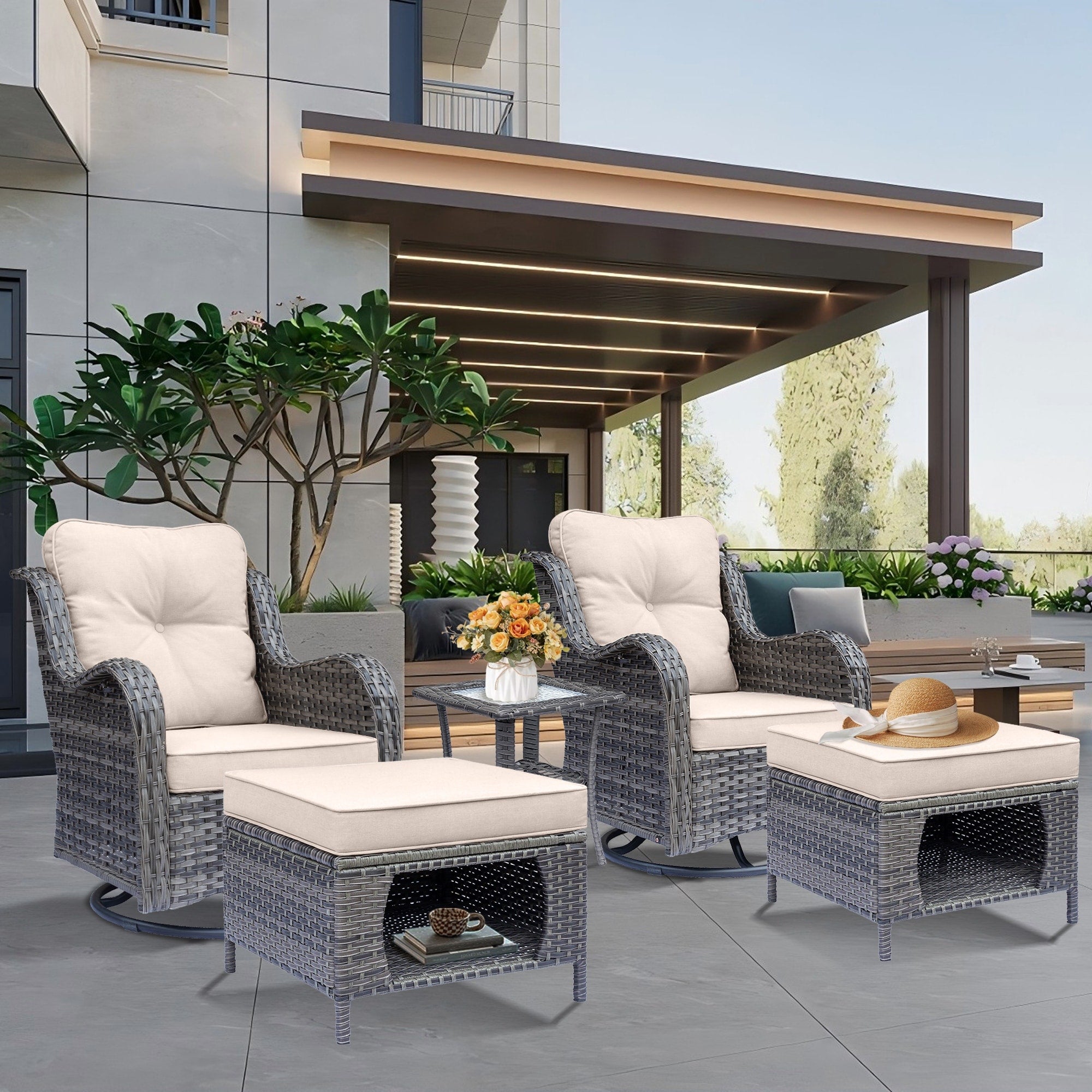 Outdoor Patio Furniture Set-Wicker Patio Conversation Swivel Chair Set