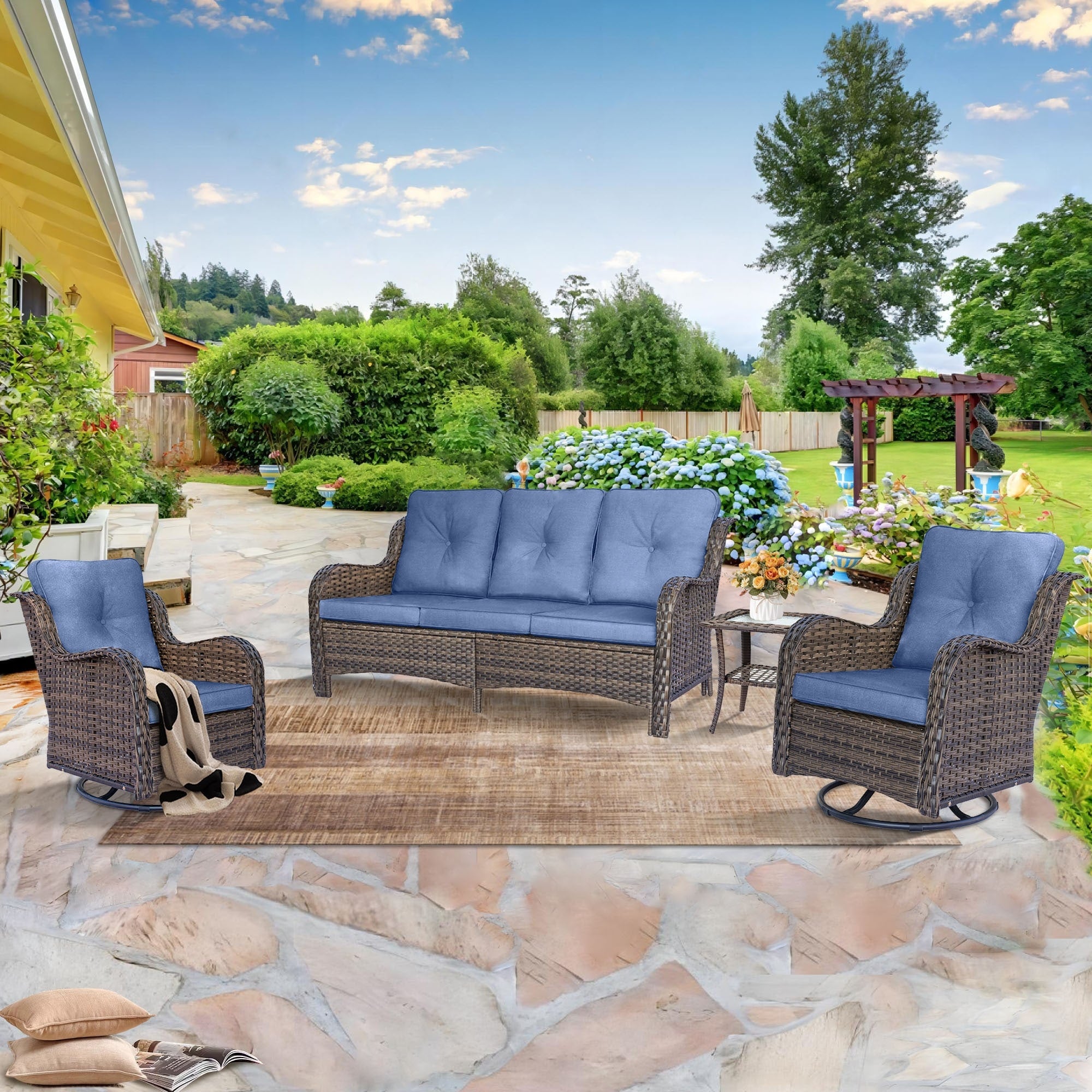 Outdoor Patio Furniture Set-Wicker Patio Conversation Swivel Chair Set