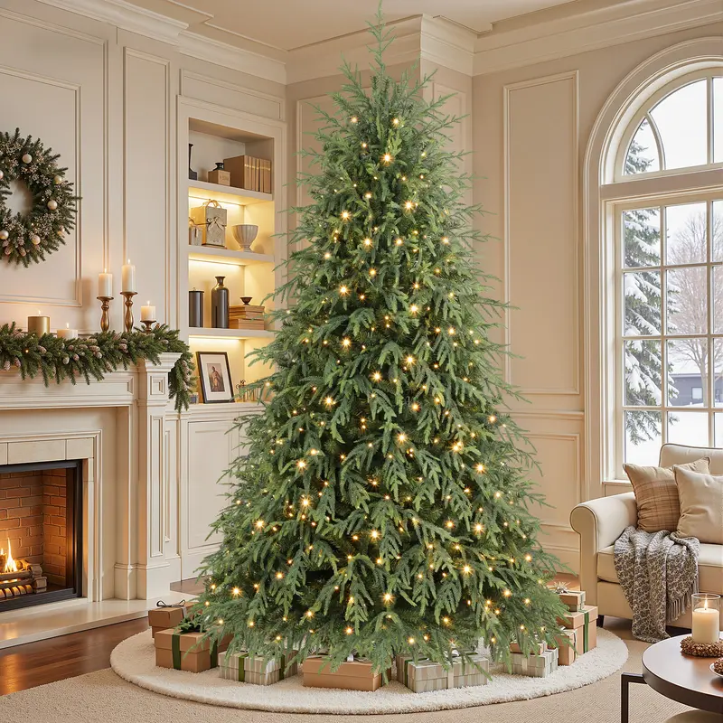 Pre-Lit Norfolk Pine Christmas Tree, 5/6/7.5/8FT Artificial Christmas Tree with Warm White & Multicolor LED Lights, Remote Control, Hinged PE & PVC Branches, Holiday Home Decor