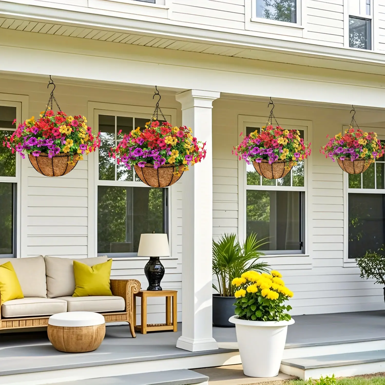 2 Pcs Set UV-Safe Outdoor Decorative Hanging Flower Baskets, 24 Daisies + Eucalyptus Realistic Flowers for House Decor, Balcony Garden Use