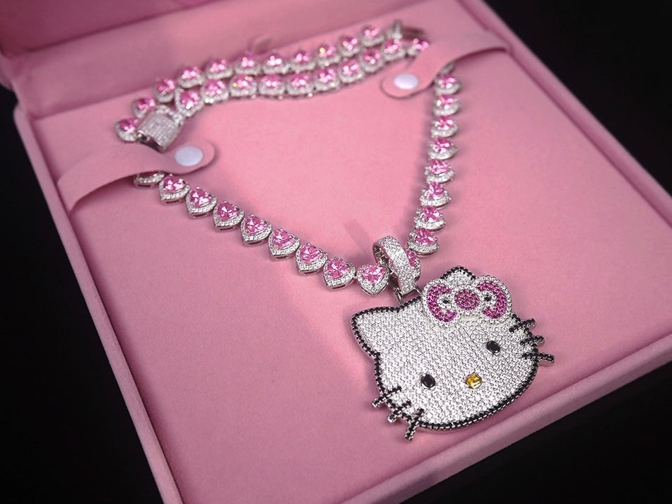 Hellokitty Sparkly Rhinestone Chunky Chain Necklace Jewelry（Velvet Gift Box Packing）