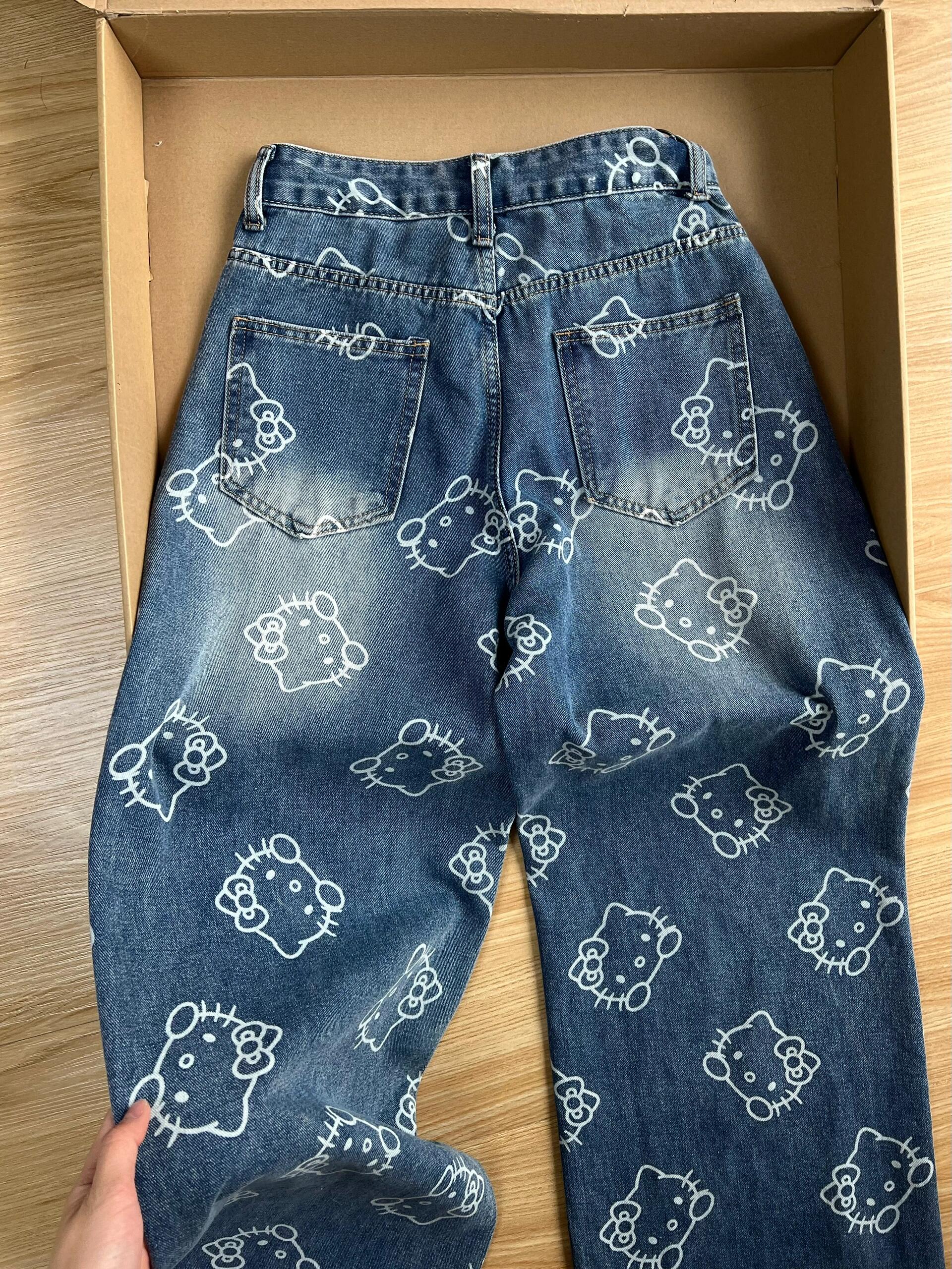 Hellokitty Embroidery Wide Leg Jeans High Waist Baggy Jeans Denim Pants