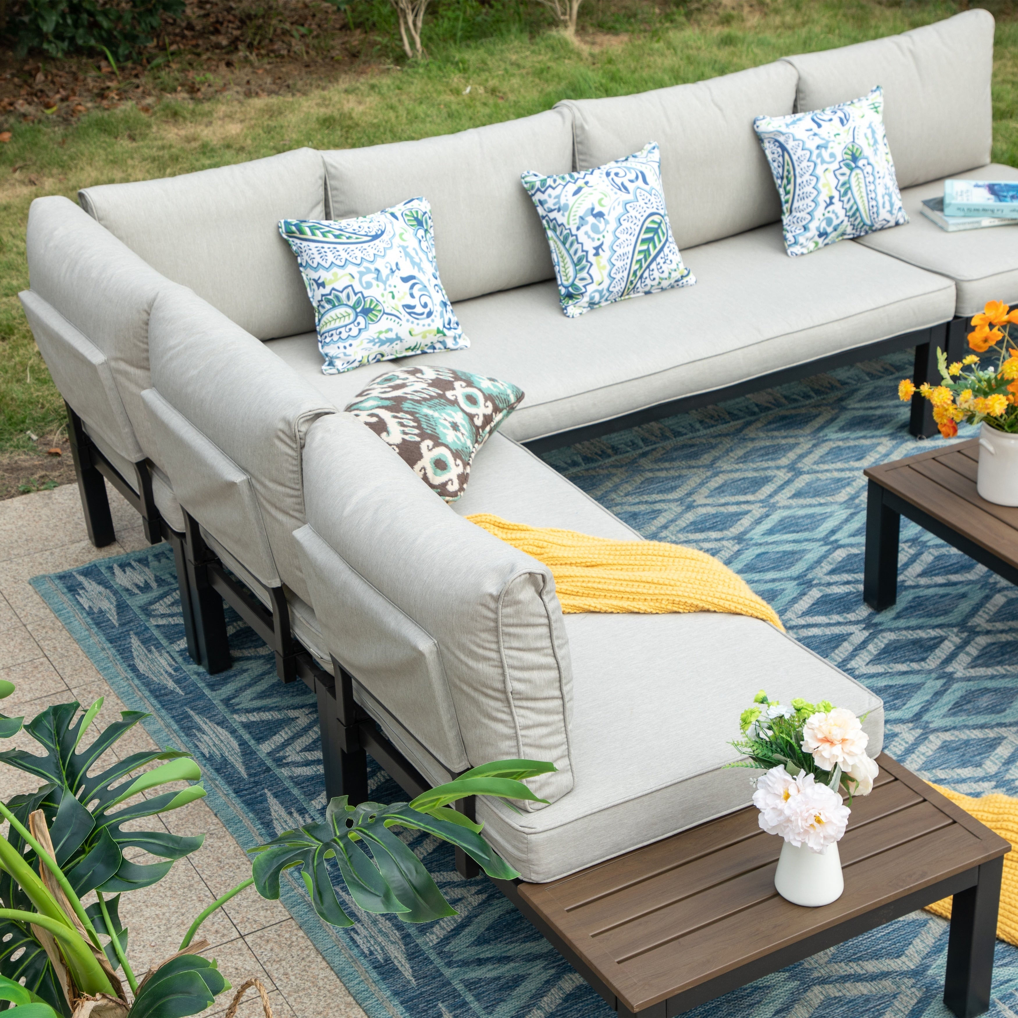 10-Seat Patio Sectional sofa set, E-coating Steel frame Conversation Sets with Built-in Side Table , Grey Cushion