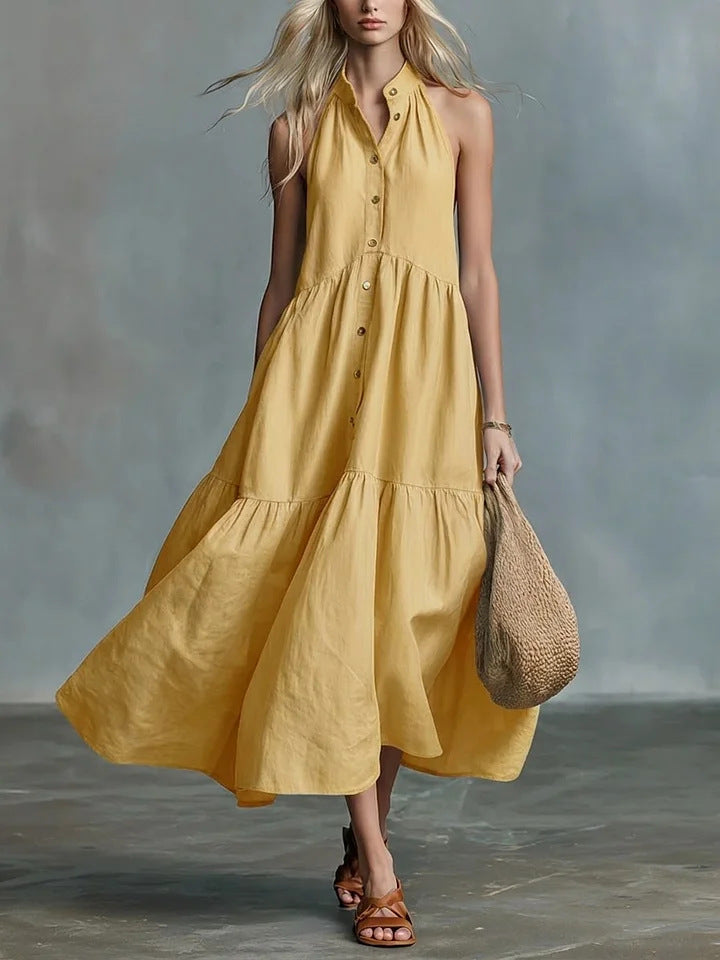 Sleeveless Casual Loose Linen Button Vest Dress