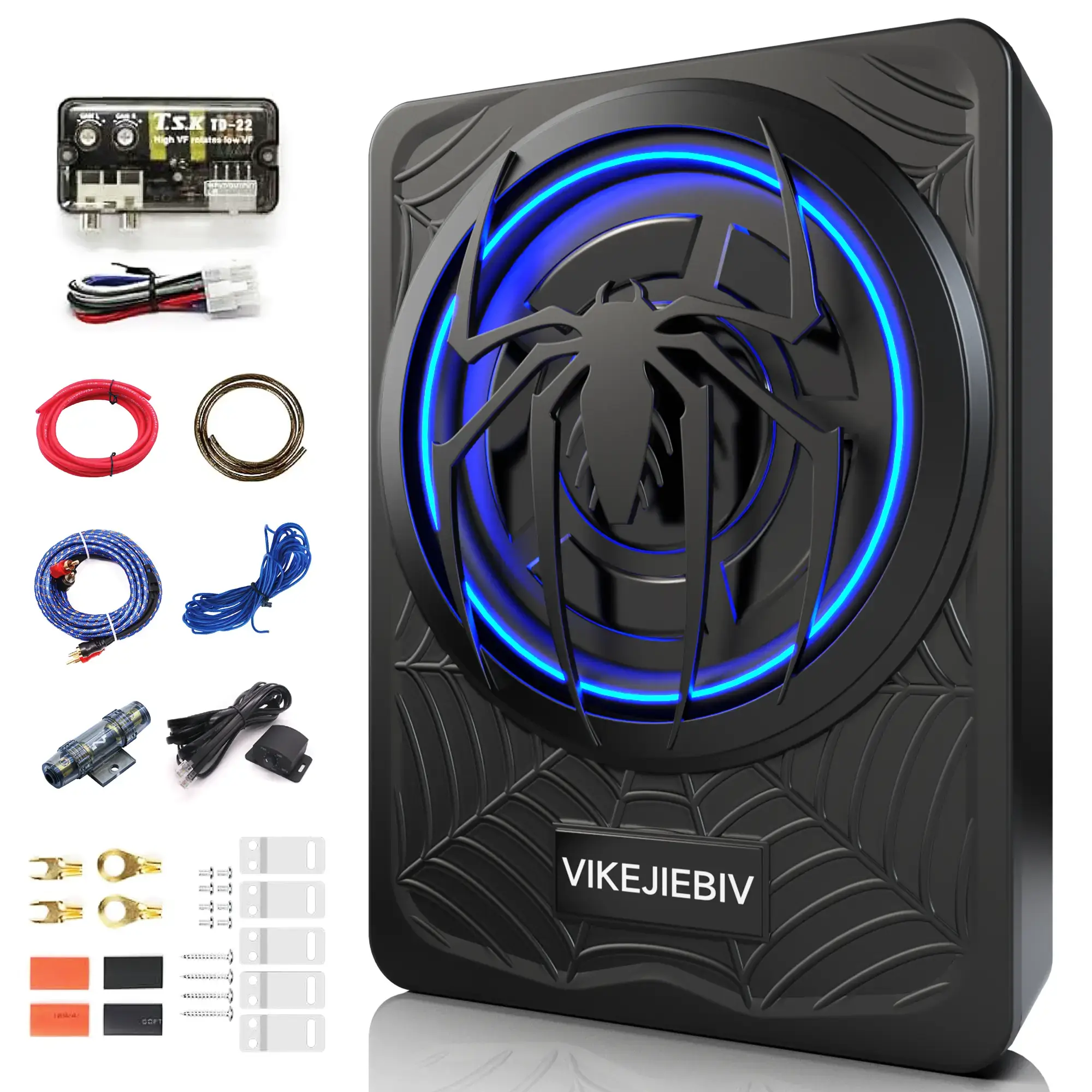 1200W Slim Underseat Car Subwoofer and Amp Package, Deep Bass Stereo Sound with Ambient Light, Adjustable Low Pass/Gain/Boost, for Truck/SUV/Jeep/MPV