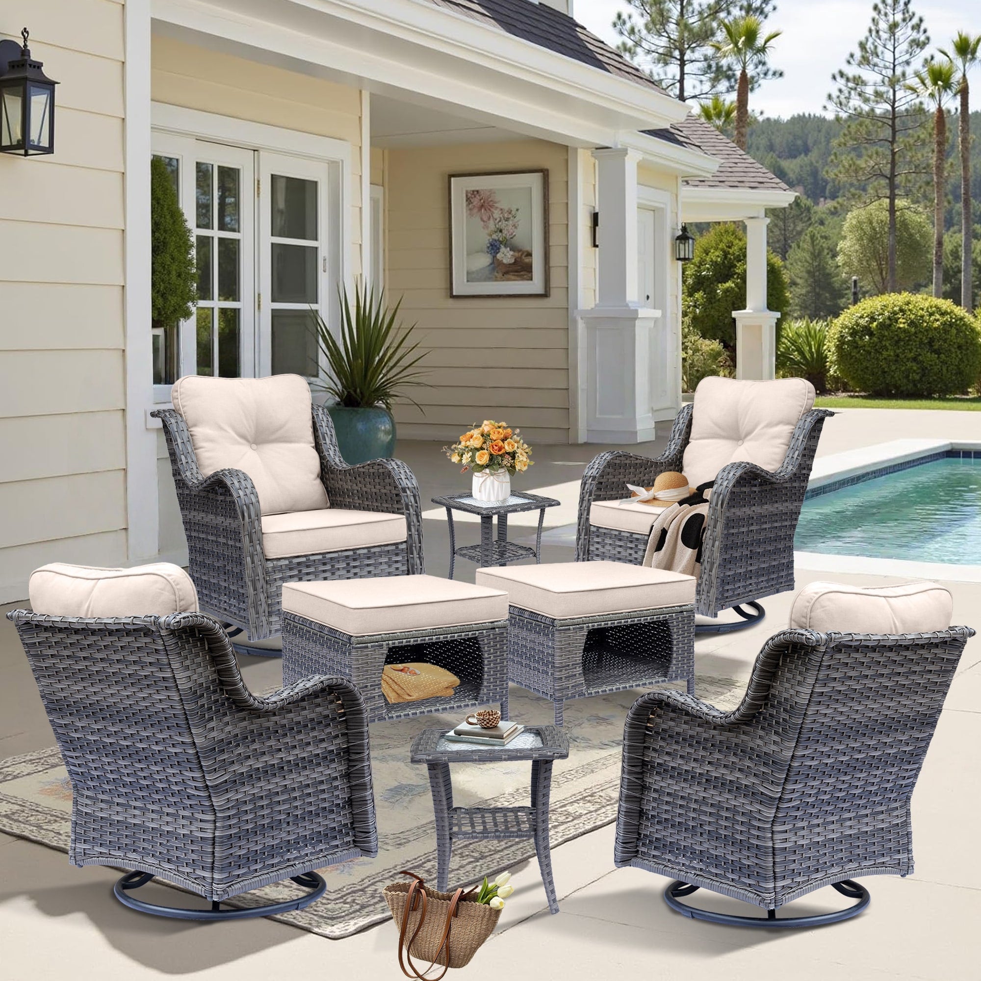 Outdoor Patio Furniture Set-Wicker Patio Conversation Swivel Chair Set