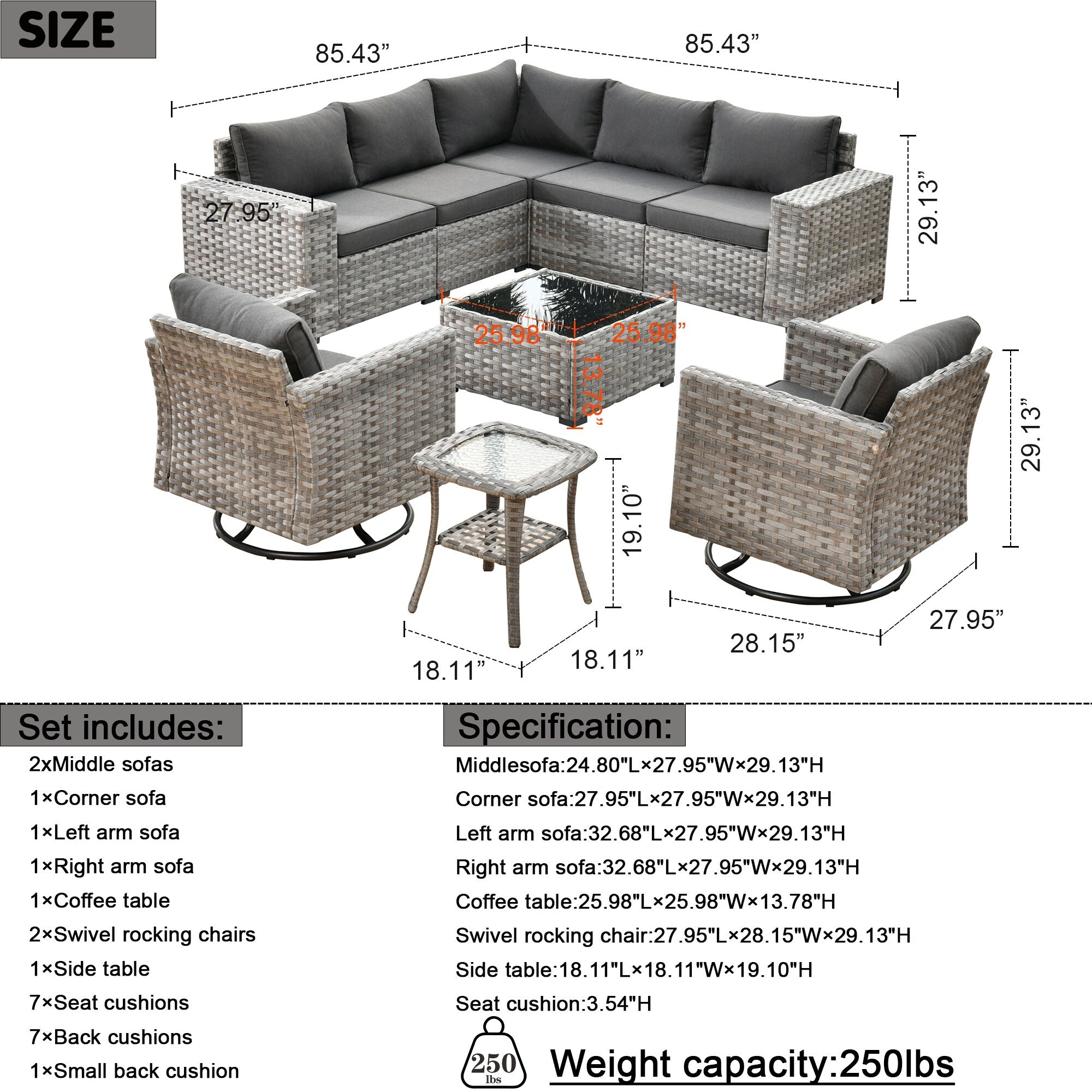 OVIOS 9-piece Patio Wicker Swivel Rocking Chair Set with Glass-Top Tables
