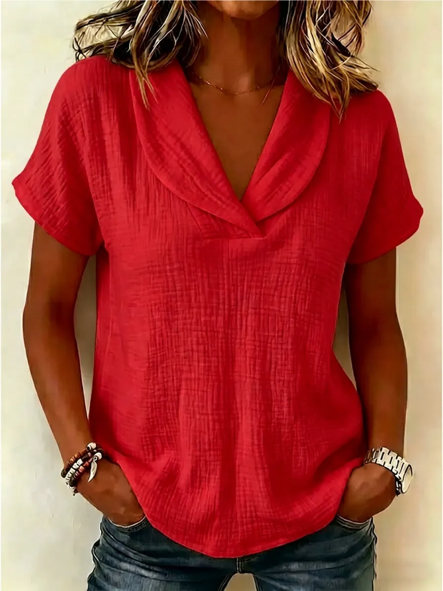 Shawl Collar V-Neck Linen Blend Blouse