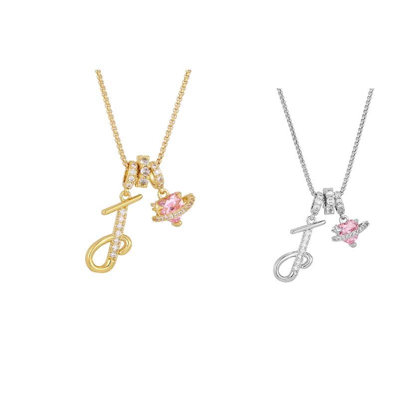 Initial Letter Necklace with Pink Heart Charm