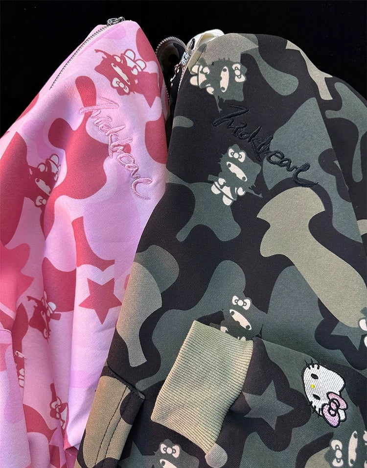 Hellokitty Camouflage Drawstring Zip Up Oversized Hoodies Jacket