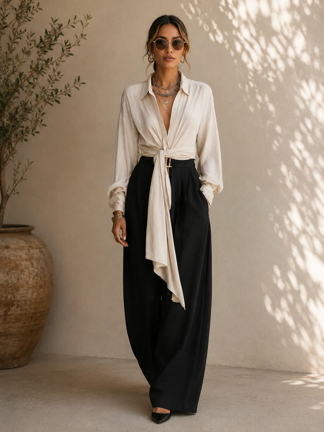 Twist Front Shirt & Wide Leg Pants Set