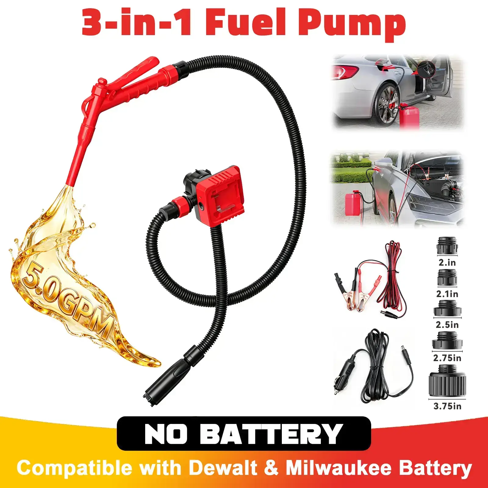 5 GPM Cordless Fuel Transfer Pump, Portable Drum Pump with 51-Inch Hose and 5 Adapters, Suitable for Diesel and Gasoline