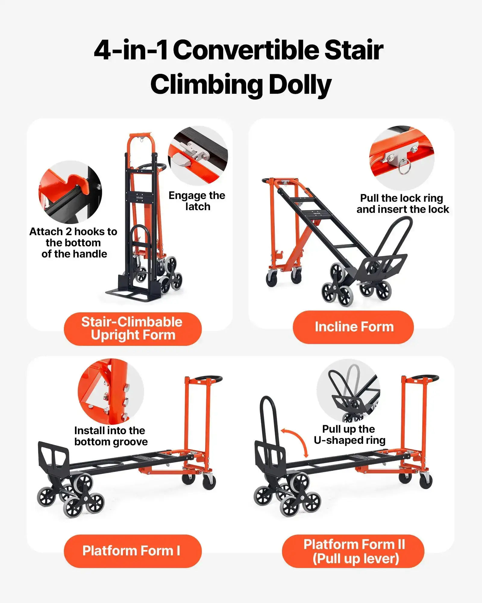 3 in 1 Industrial Convertible Stair Climbing Cart, 770 lbs Max Load, Folding Hand Truck Dolly with Handle & Wheels, Stair Climbing Utility Trolley for Transport & Moving, Orange & Silver