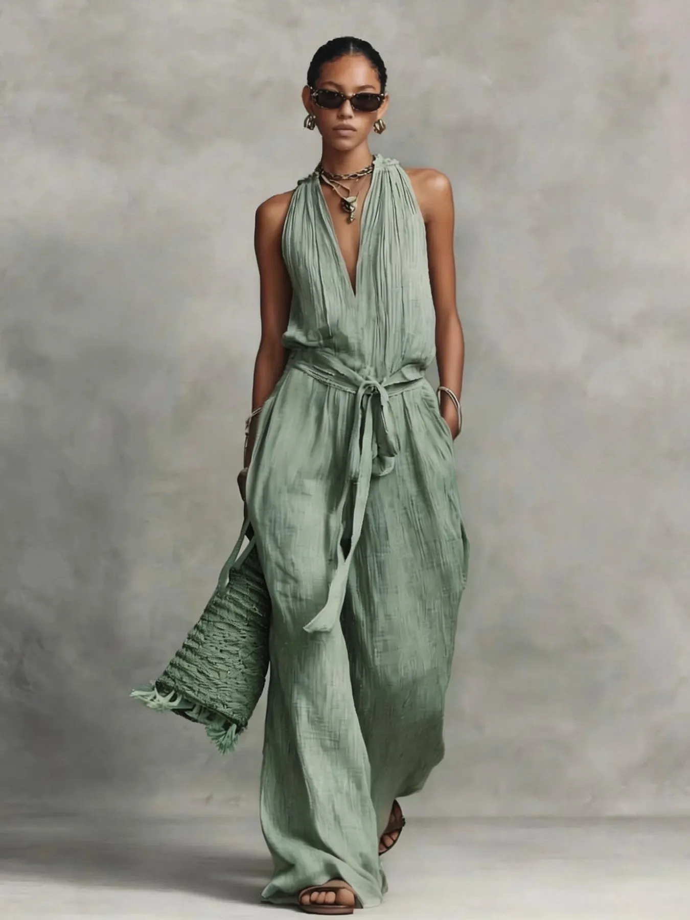 Casual Lace-Up Sleeveless Cotton Blend Jumpsuit