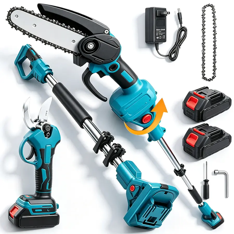 Cordless chainsaw pruning shears and telescoping pole kit