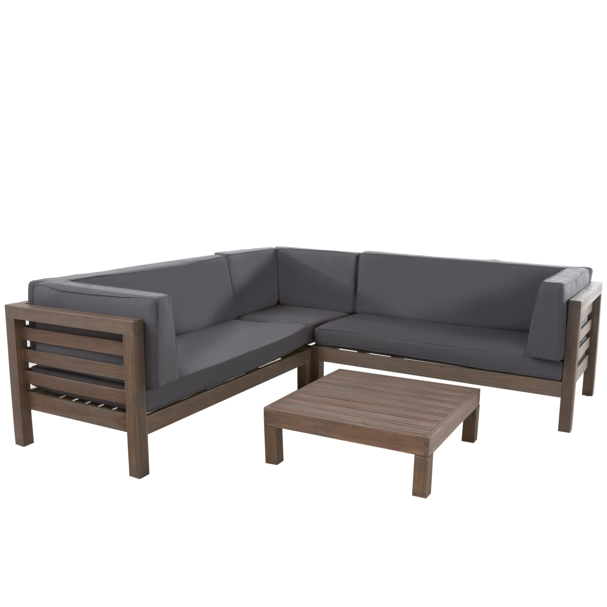 Oana Outdoor 5 Seater V Shaped Mid-Century Modern Acacia Wood Sectional Sofa Set with Coffee Table by Christopher Knight Home