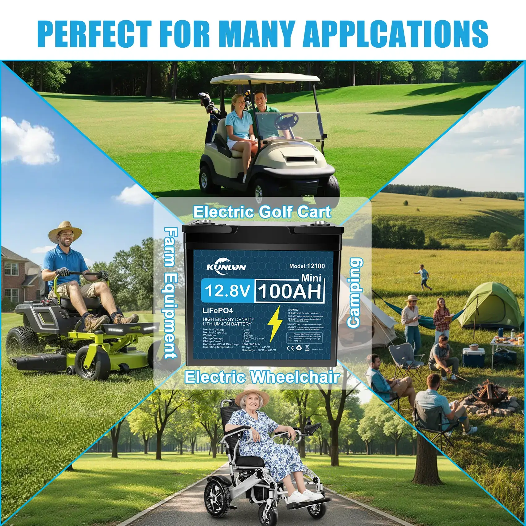 12V 100Ah LiFePO4 Battery, Smart BMS 5000+ Cycles Maintenance-Free