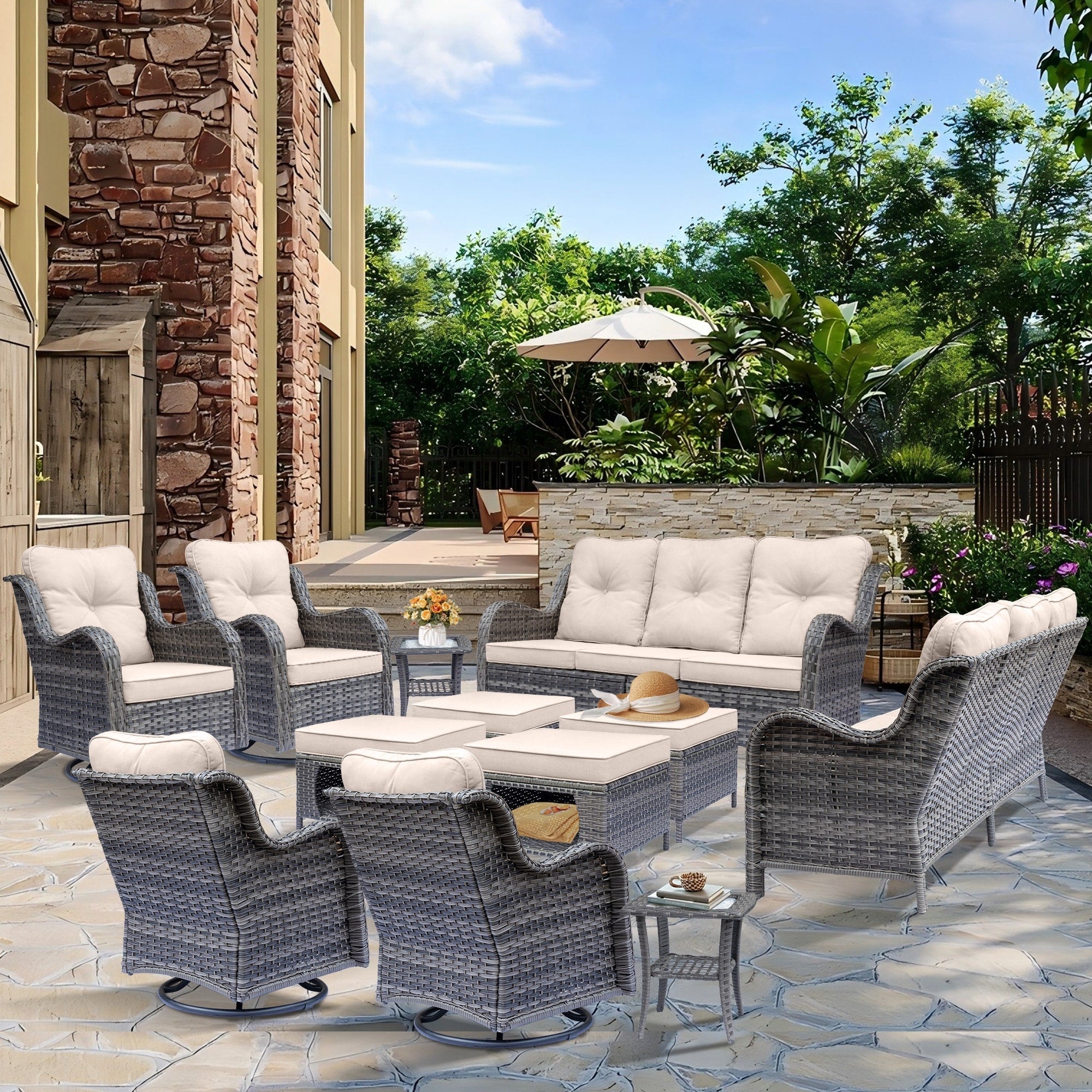 Outdoor Patio Furniture Set-Wicker Patio Conversation Swivel Chair Set
