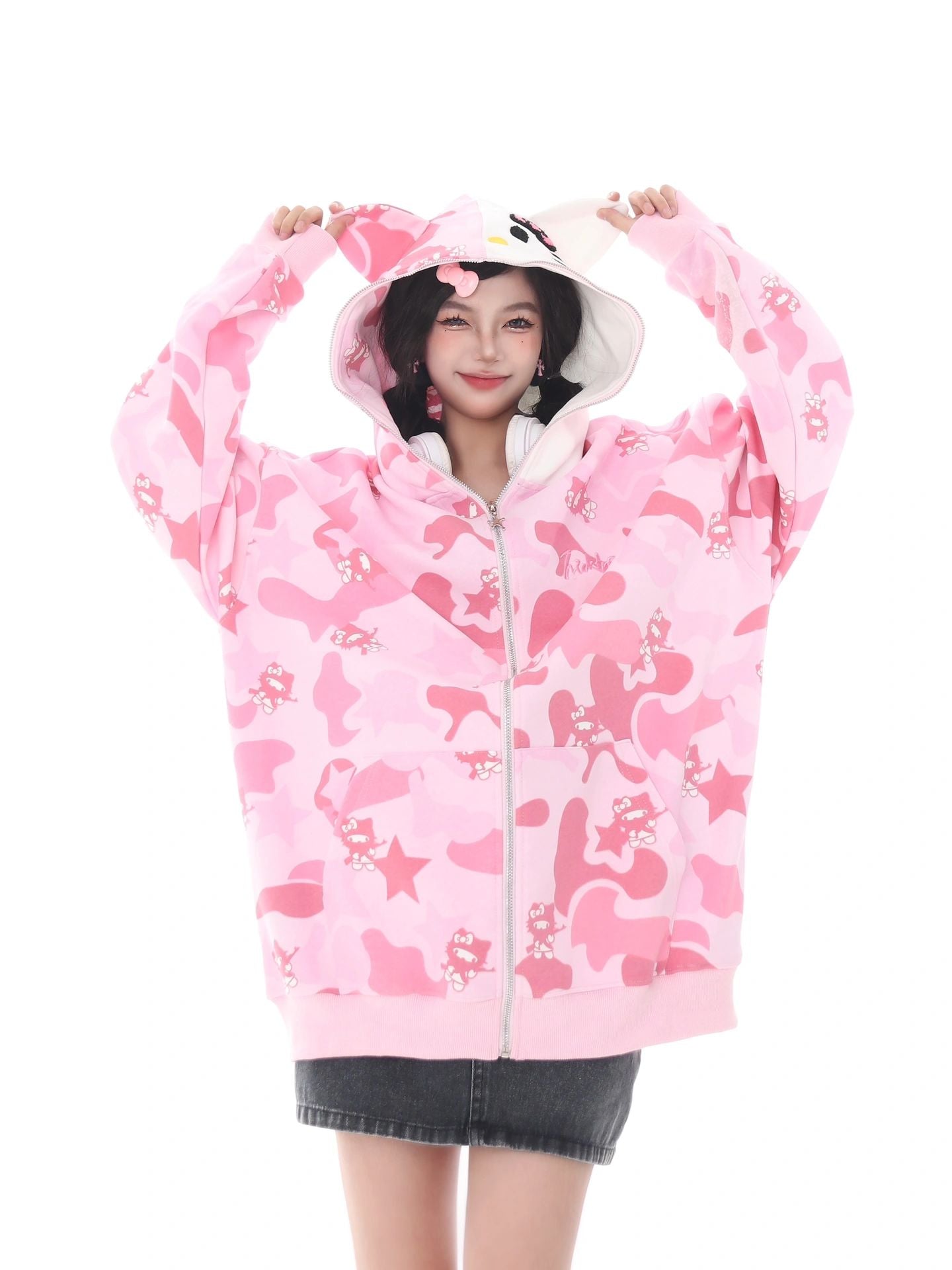 Hellokitty Camouflage Drawstring Zip Up Oversized Hoodies Jacket