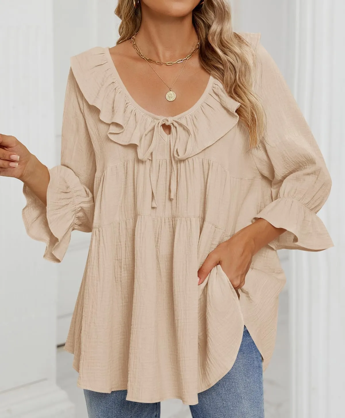 Ruffle Tie Neck Peplum Blouse