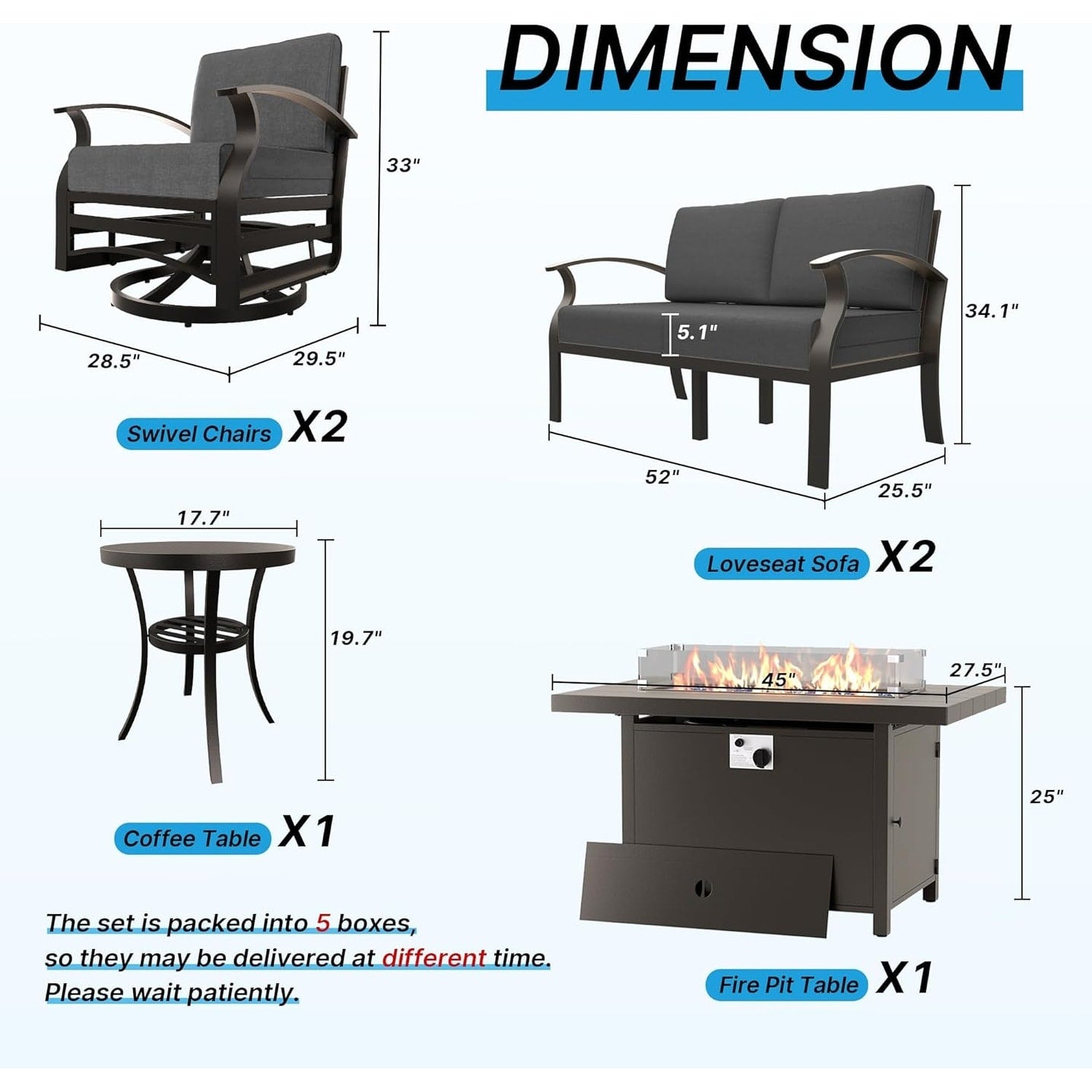 Kullavik Aluminum Outdoor Patio Furniture with Curved Armrests & Firepit Table