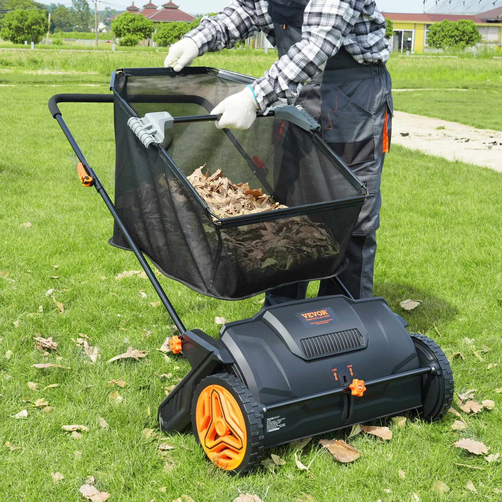 21‑Inch Push Lawn Sweeper Leaf & Grass Collector Tool, 3.5 cu.ft Mesh Hopper Bag, 2 Spinning Brushes, Adjustable Handle for Leaf Cleanup, Wall‑Hangable