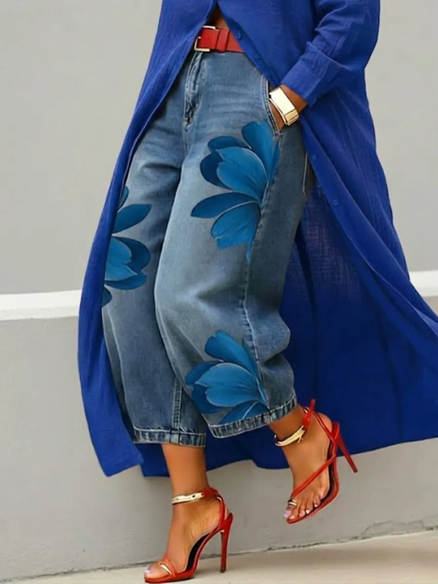 👖Women's Artistic Red Blossom Wide Leg Jeans