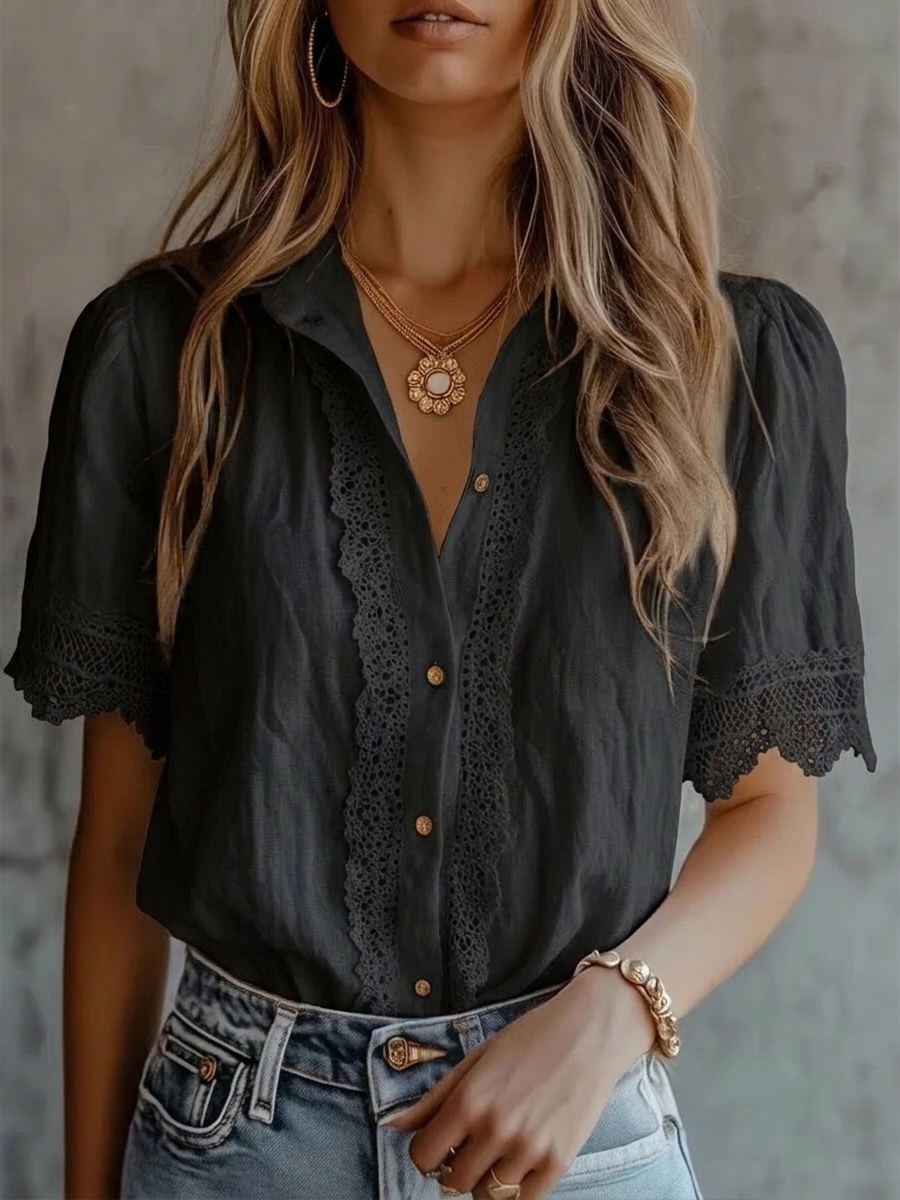 Lace Trim Button-Up Linen Blend Blouse