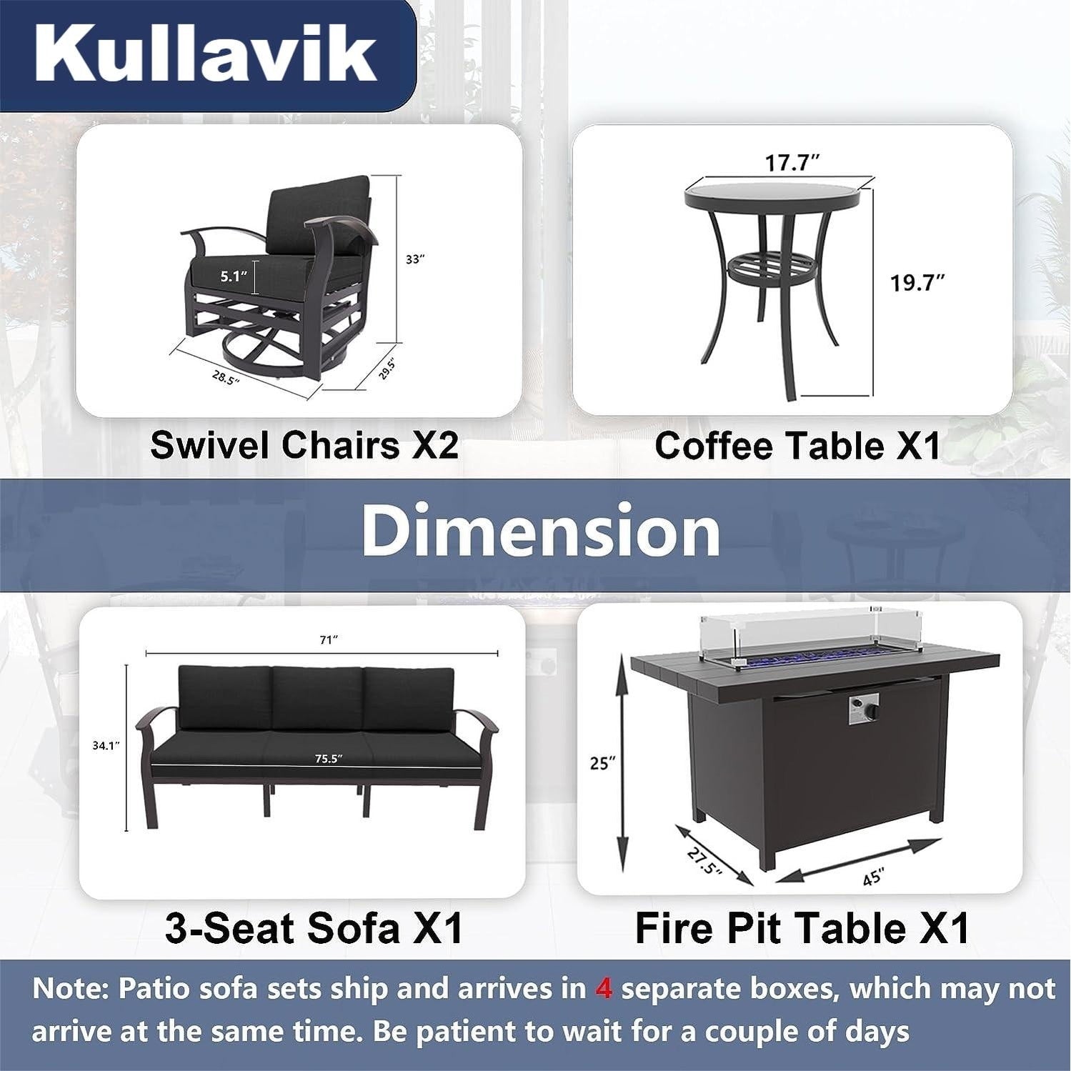 Kullavik Aluminum Outdoor Patio Furniture with Curved Armrests & Firepit Table